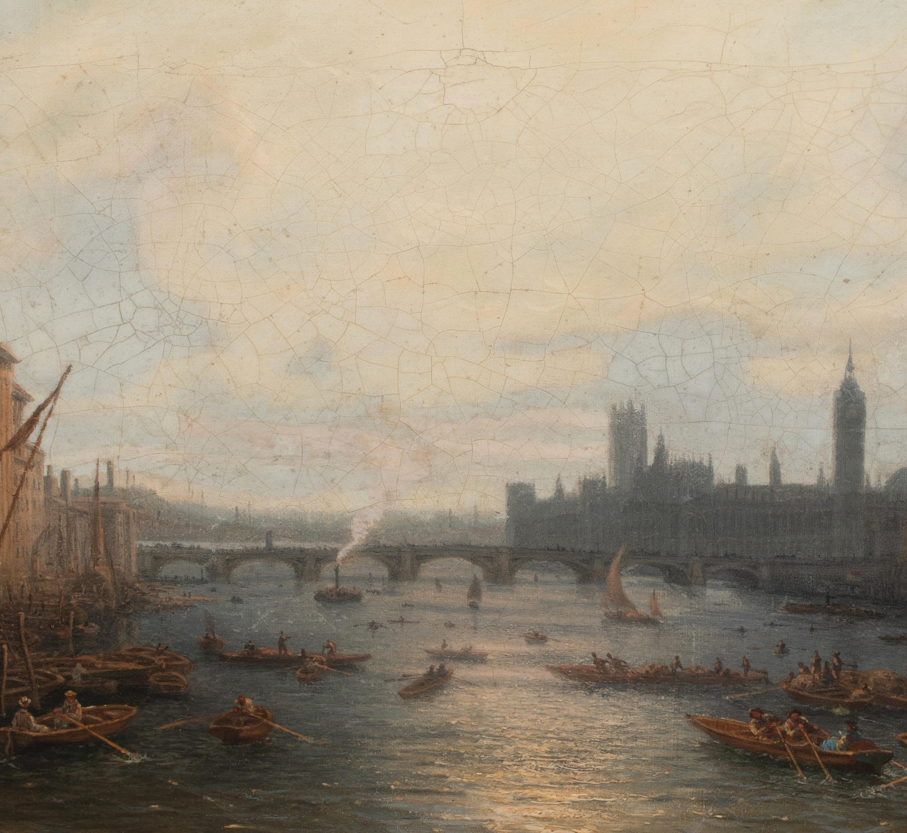 View Of Westminster From The Thames, 19th Century  Signed indistinctly For Sale 3