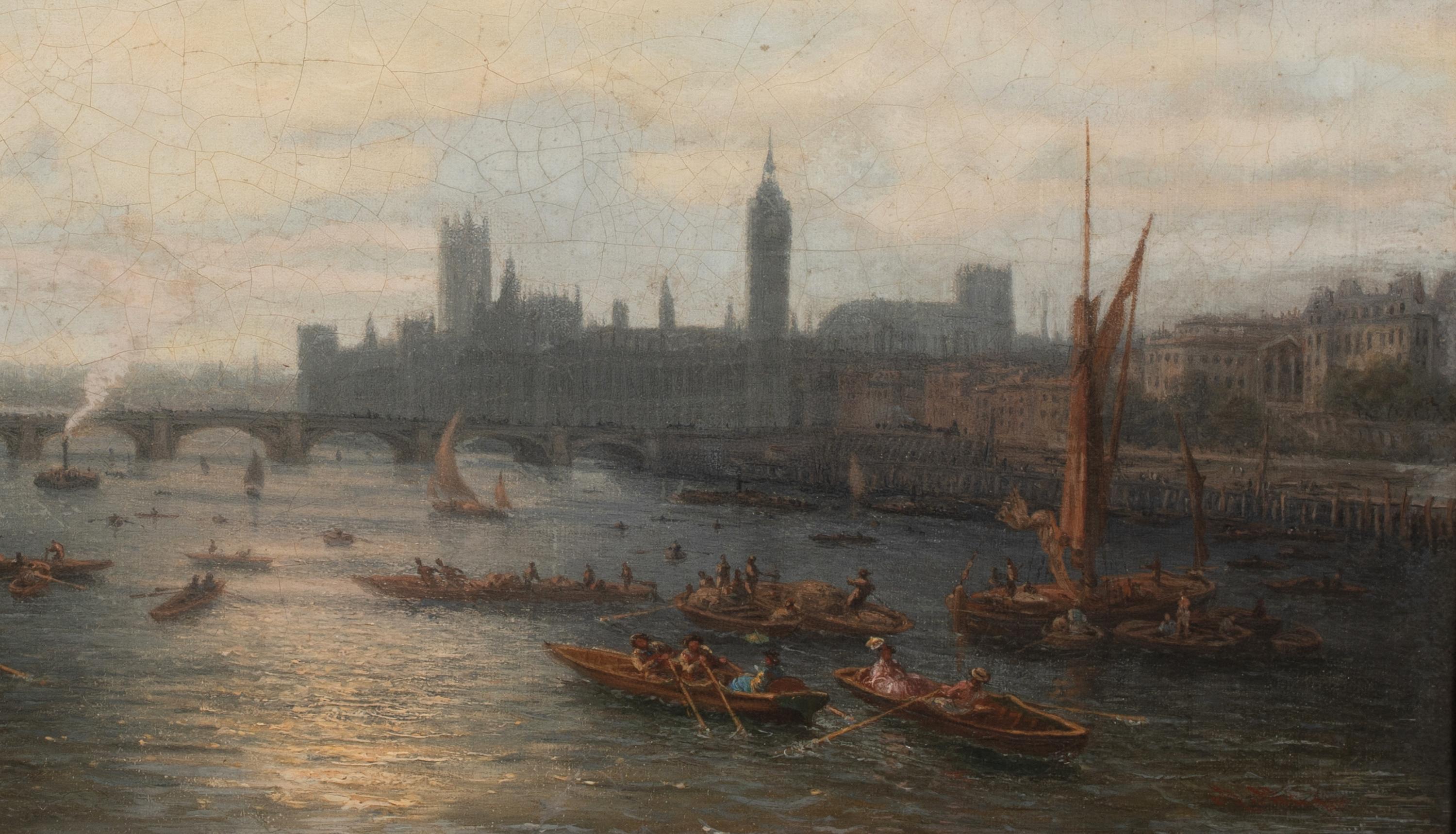 View Of Westminster From The Thames, 19th Century  Signed indistinctly For Sale 4