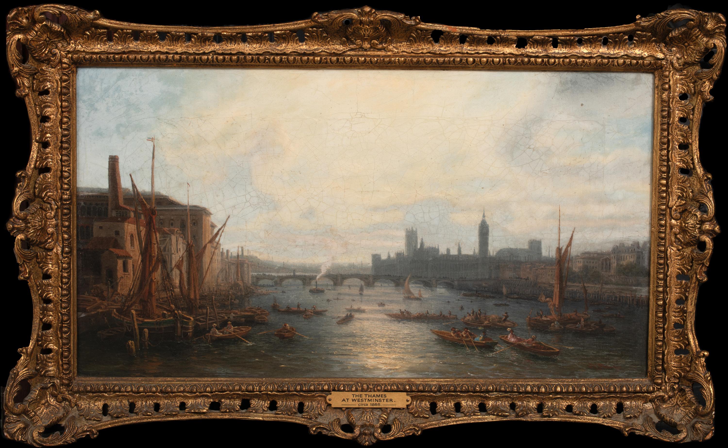 Unknown Landscape Painting – Ansicht von Westminster von der Themse aus, 19.  Undeutlich unterschrieben