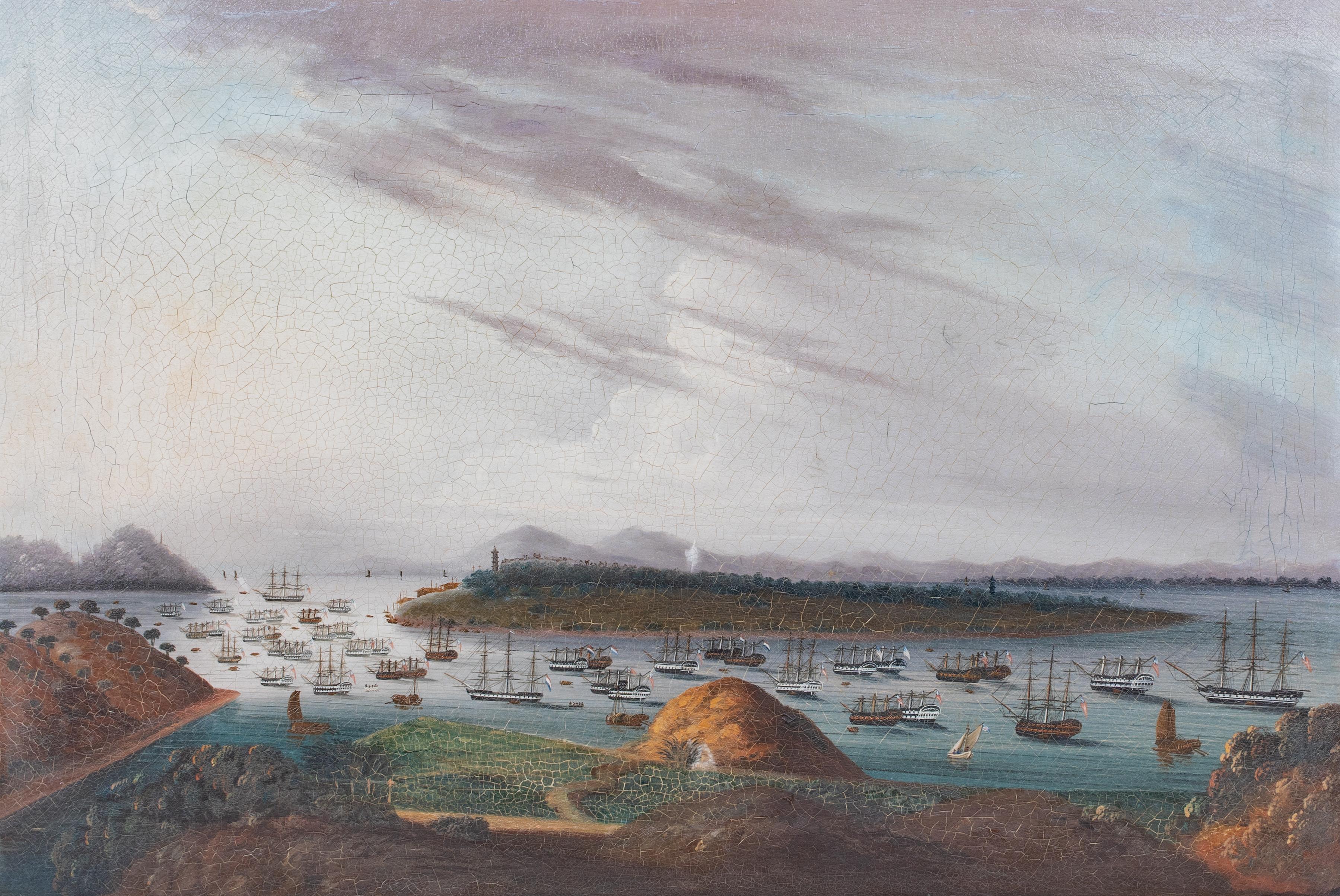 View Of Whampoa Reach From Dane's Island with American, Dutch & British Ships, circa 1830

Huge Chinese Import Trade School View

Large circa 1830 Chinese View of Whampoa Reach from Dane's Island with various ships at anchor and pagodas in the