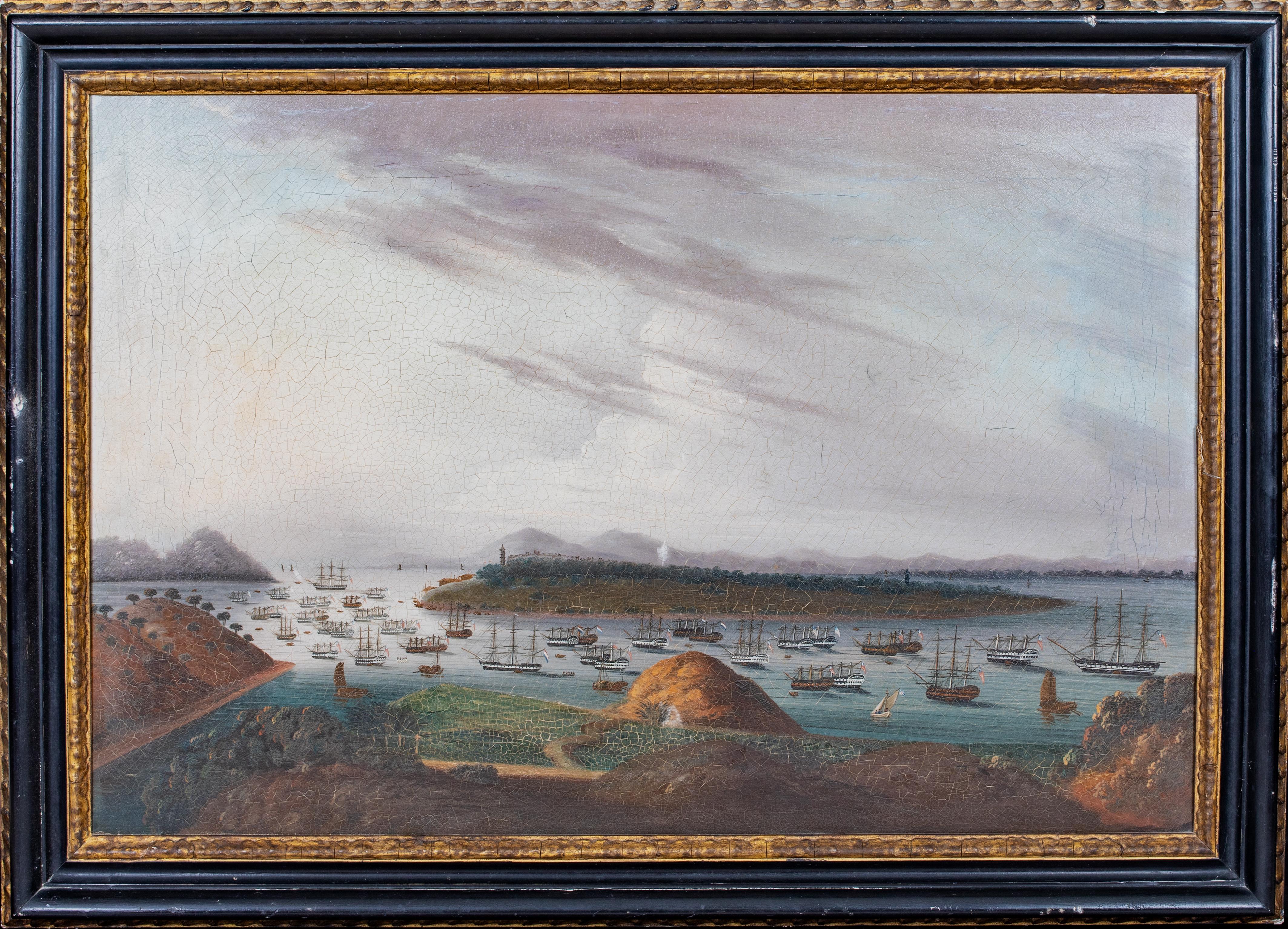 Unknown Landscape Painting - View Of Whampoa Reach From Dane's Island with American, Dutch & British Ships