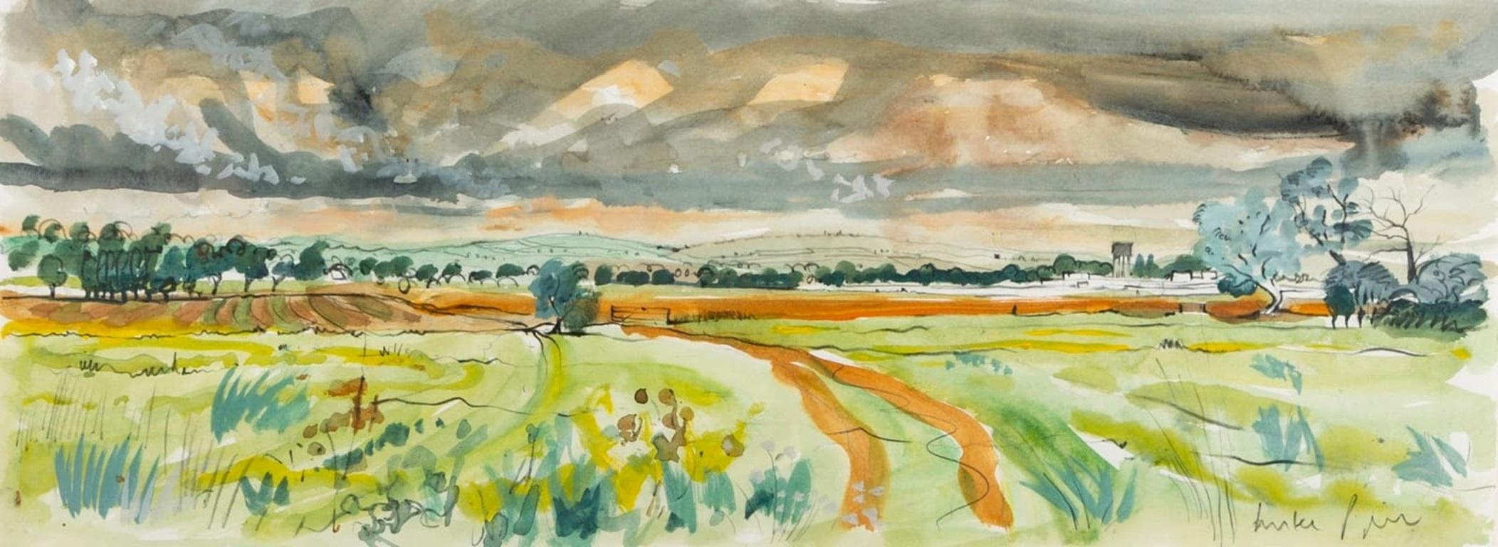 Unknown Landscape Painting - View South from Sharpham Common, Near Glastonbury Painting by Luke Piper, 2020