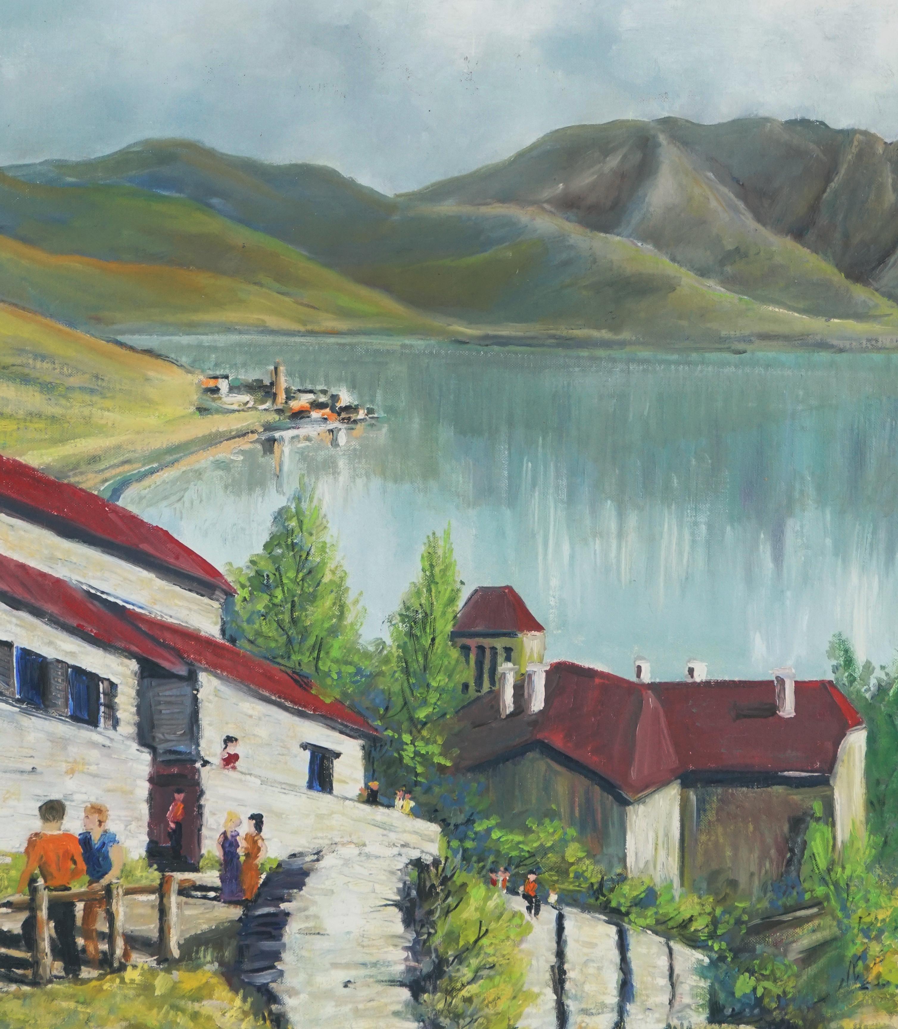 Mid Century Slovakian Village by the Lake - Painting by Unknown