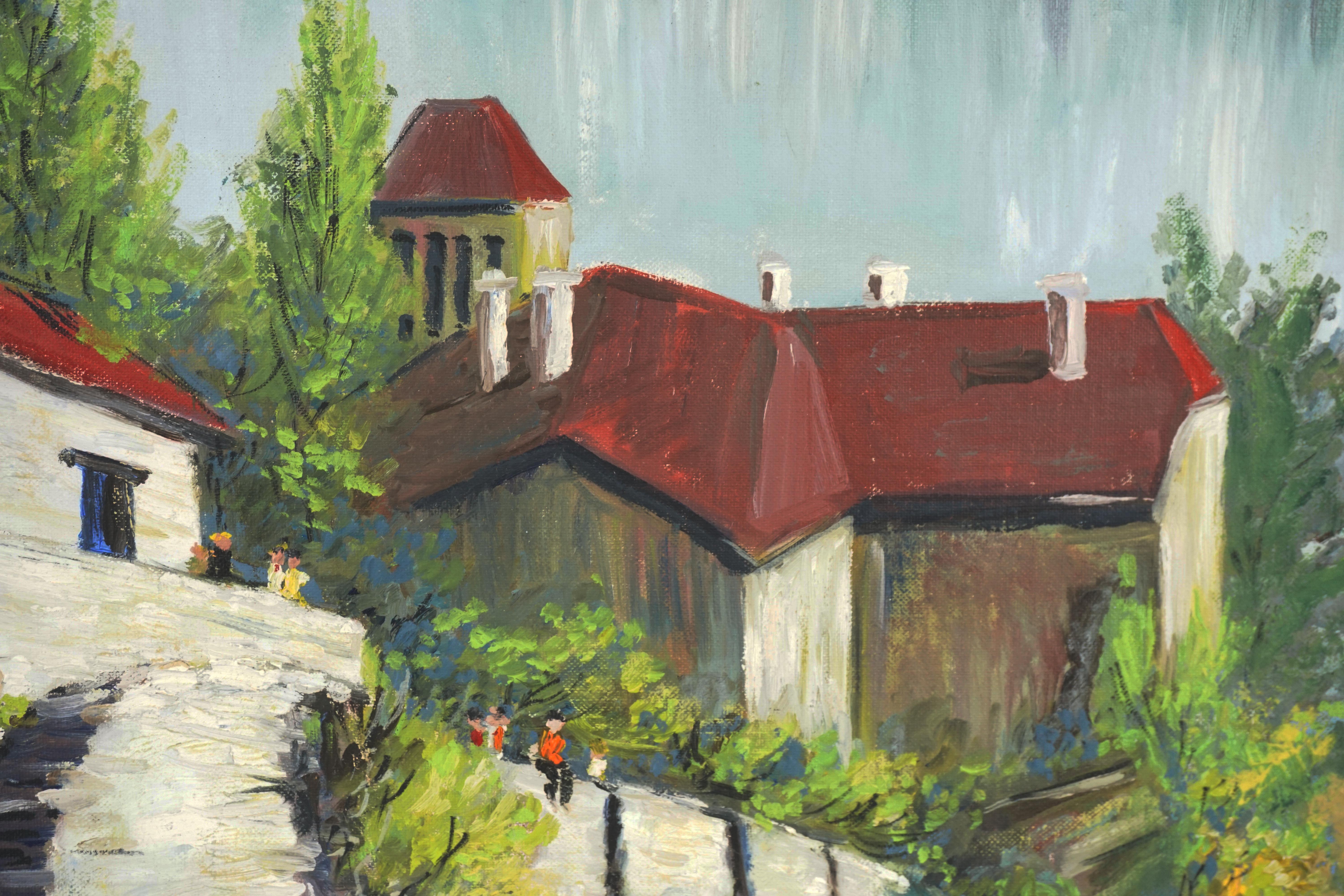 Mid Century Slovakian Village by the Lake - Impressionist Painting by Unknown