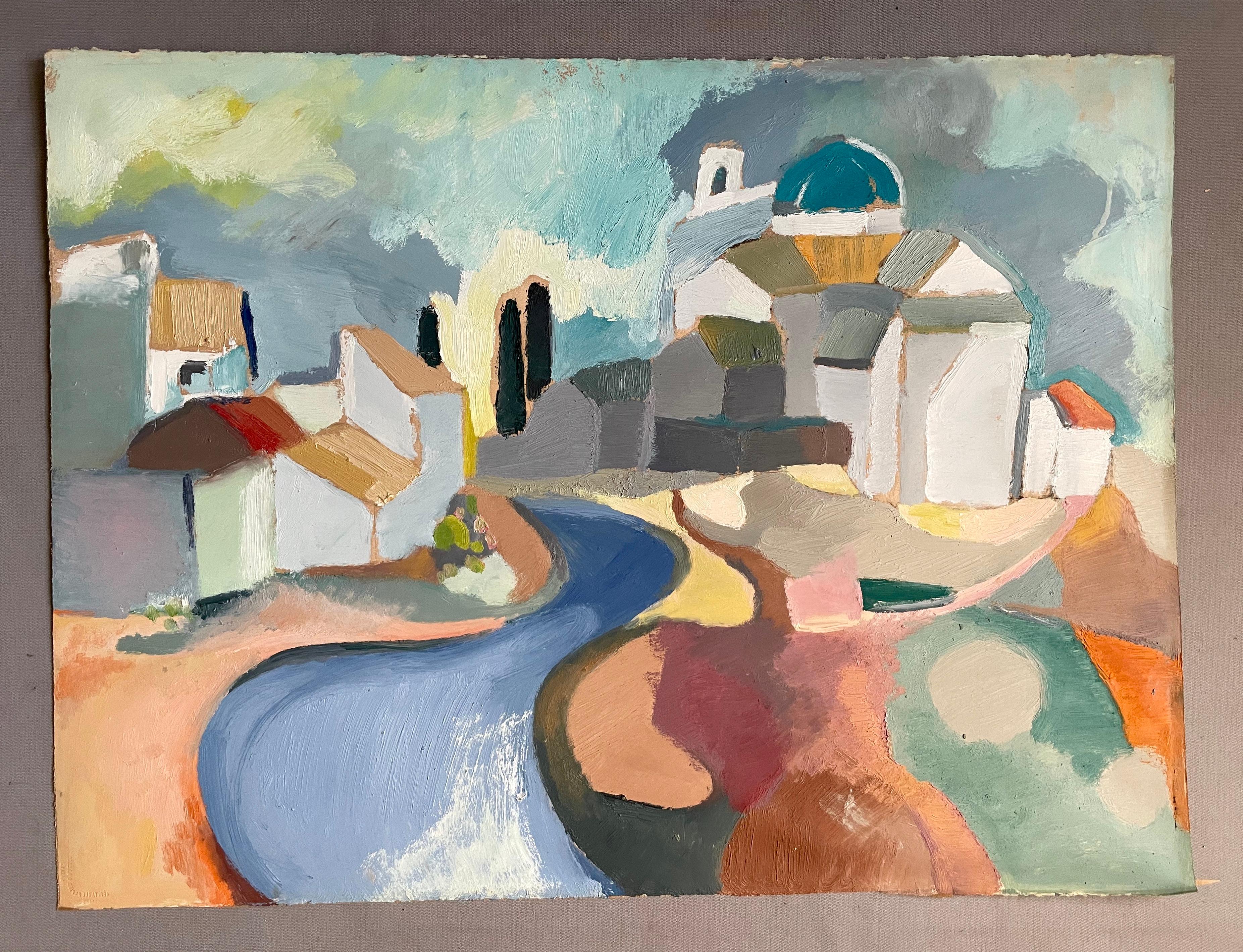 Village, Gouache, Grand Format - Painting de Unknown