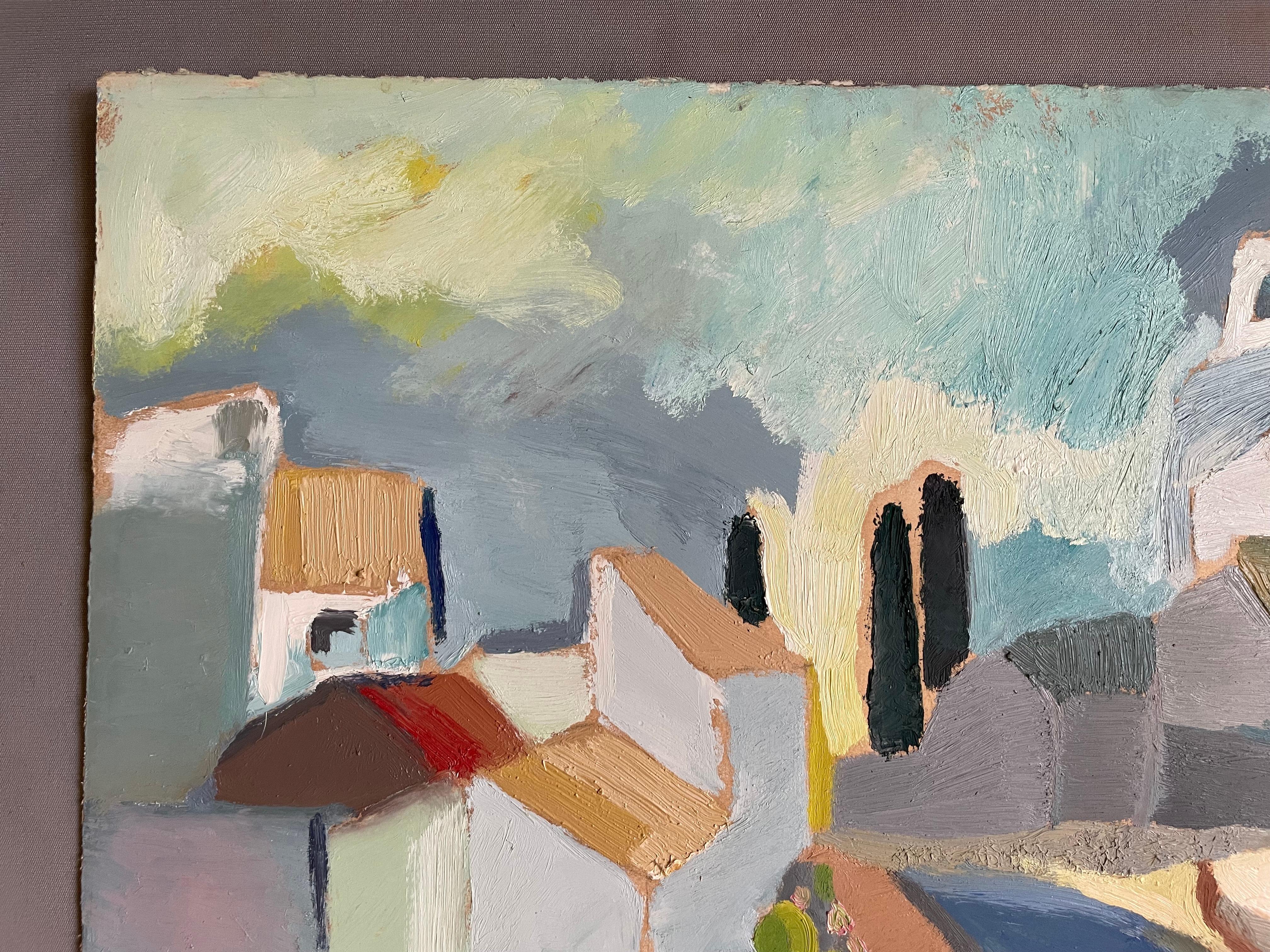 Village, Gouache, Grand Format - Moderne Painting par Unknown