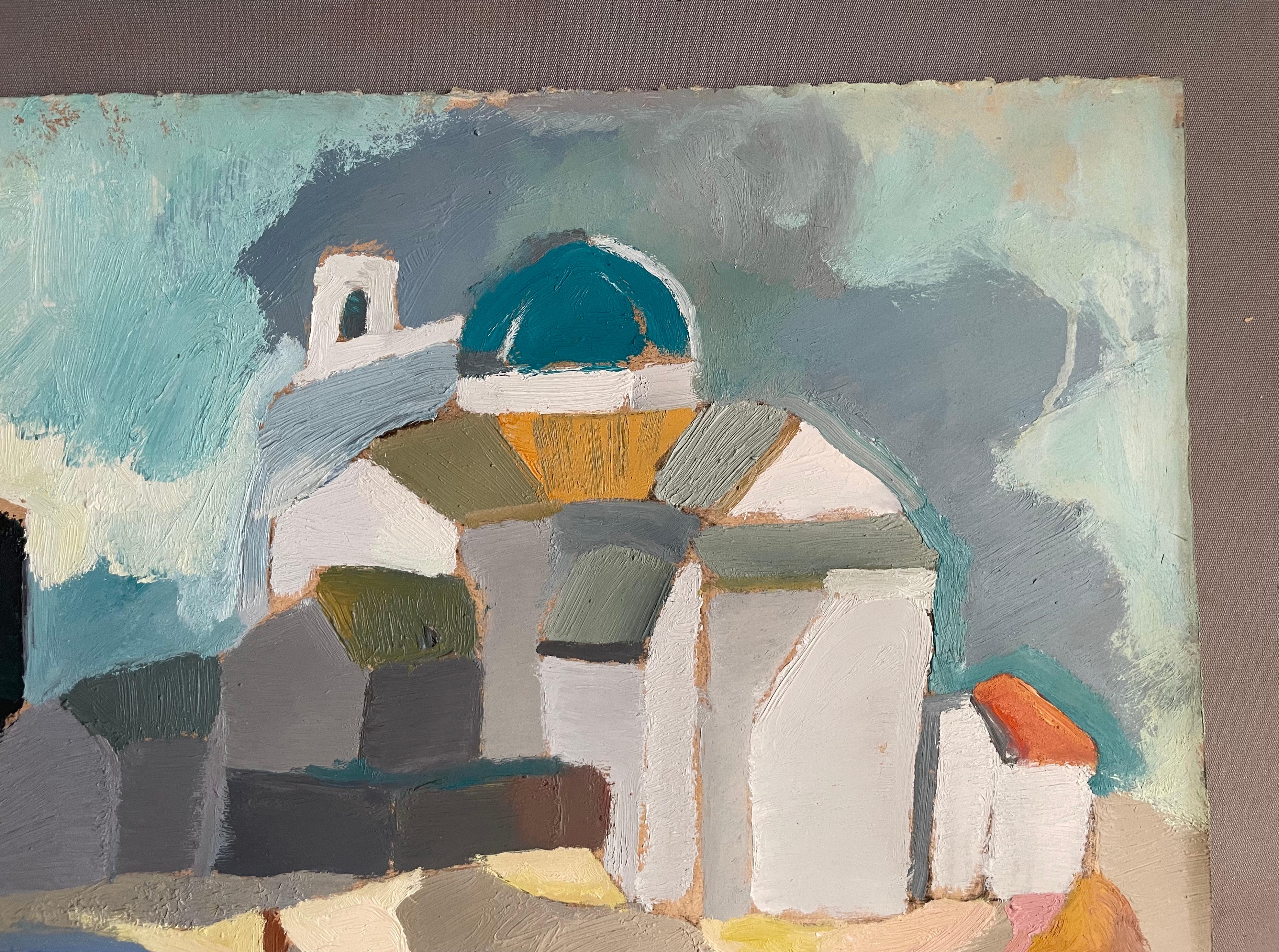Village, Gouache, Grand Format - Marron Landscape Painting par Unknown
