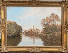 Village Lake (19th-Century Antique Framed European Landscape Painting)