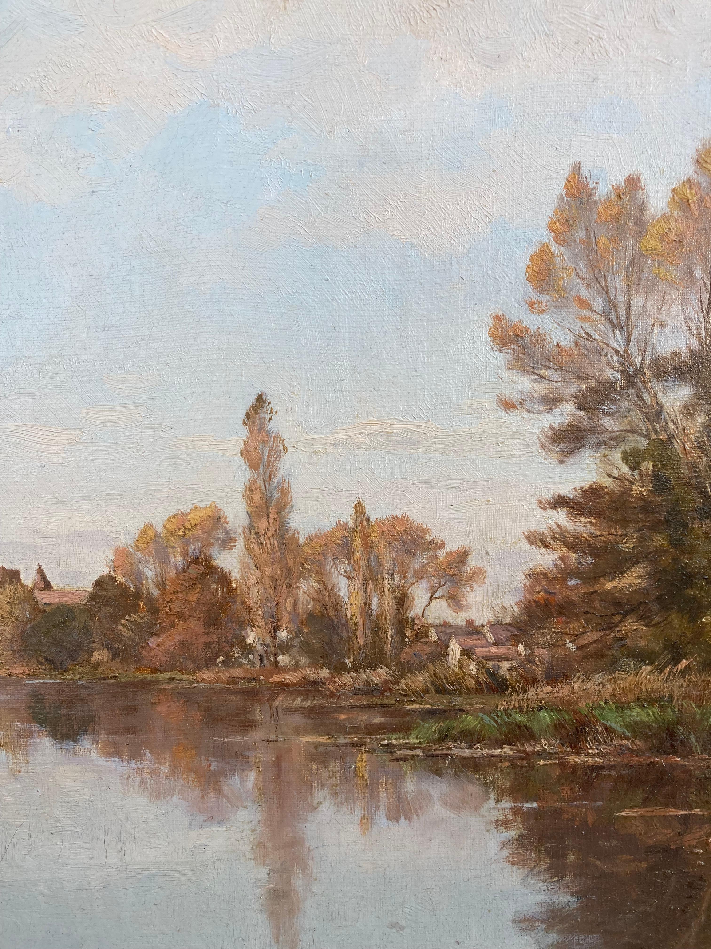 Village Lake (19th-Century Antique Framed European Landscape Painting) For Sale 2