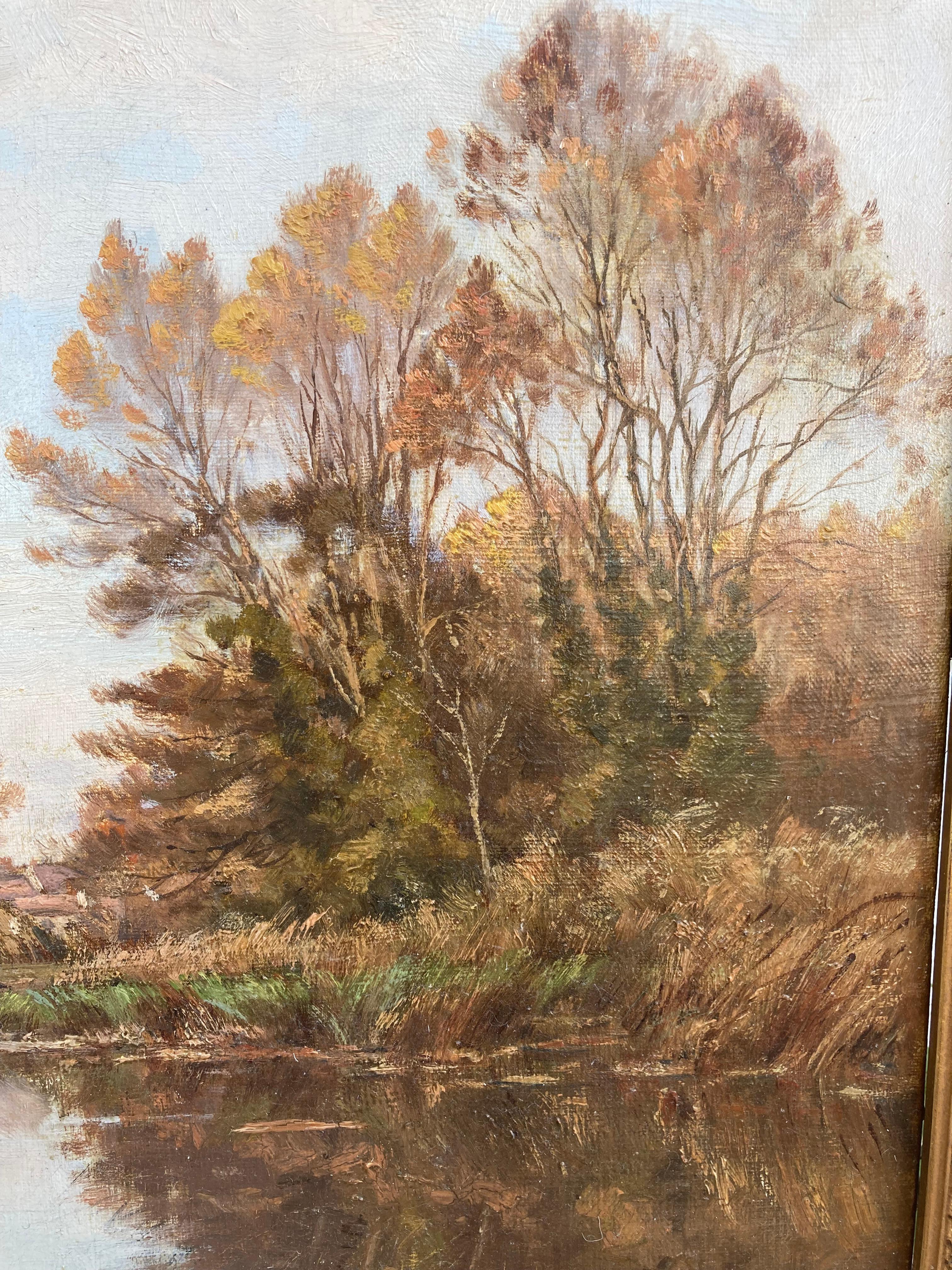 Village Lake (19th-Century Antique Framed European Landscape Painting) For Sale 4