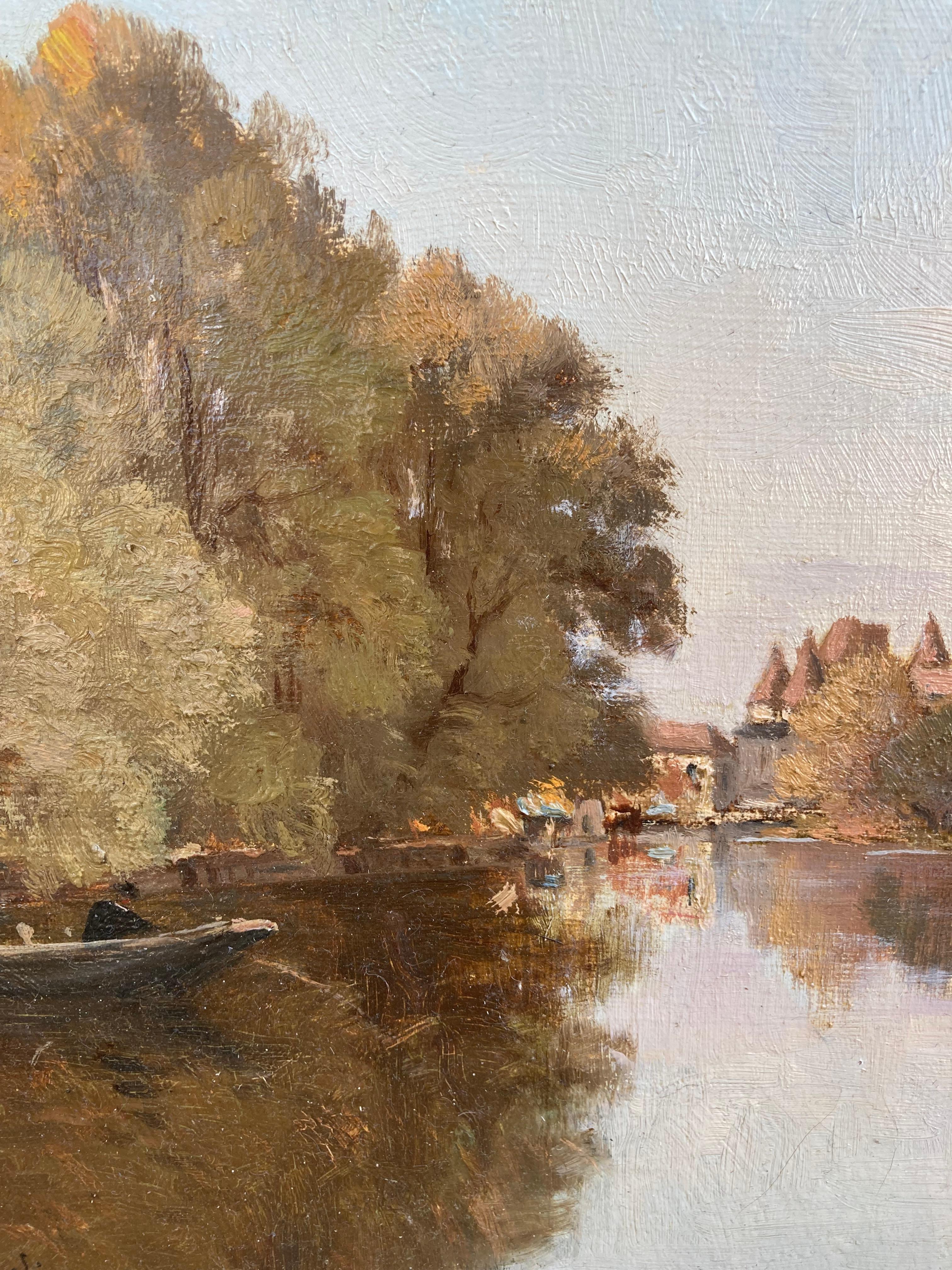 Village Lake (19th-Century Antique Framed European Landscape Painting) For Sale 5
