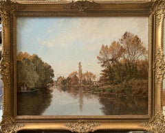 Le lac de Village encadré du XIXe siècle - Peinture de paysage européen ancienne encadrée