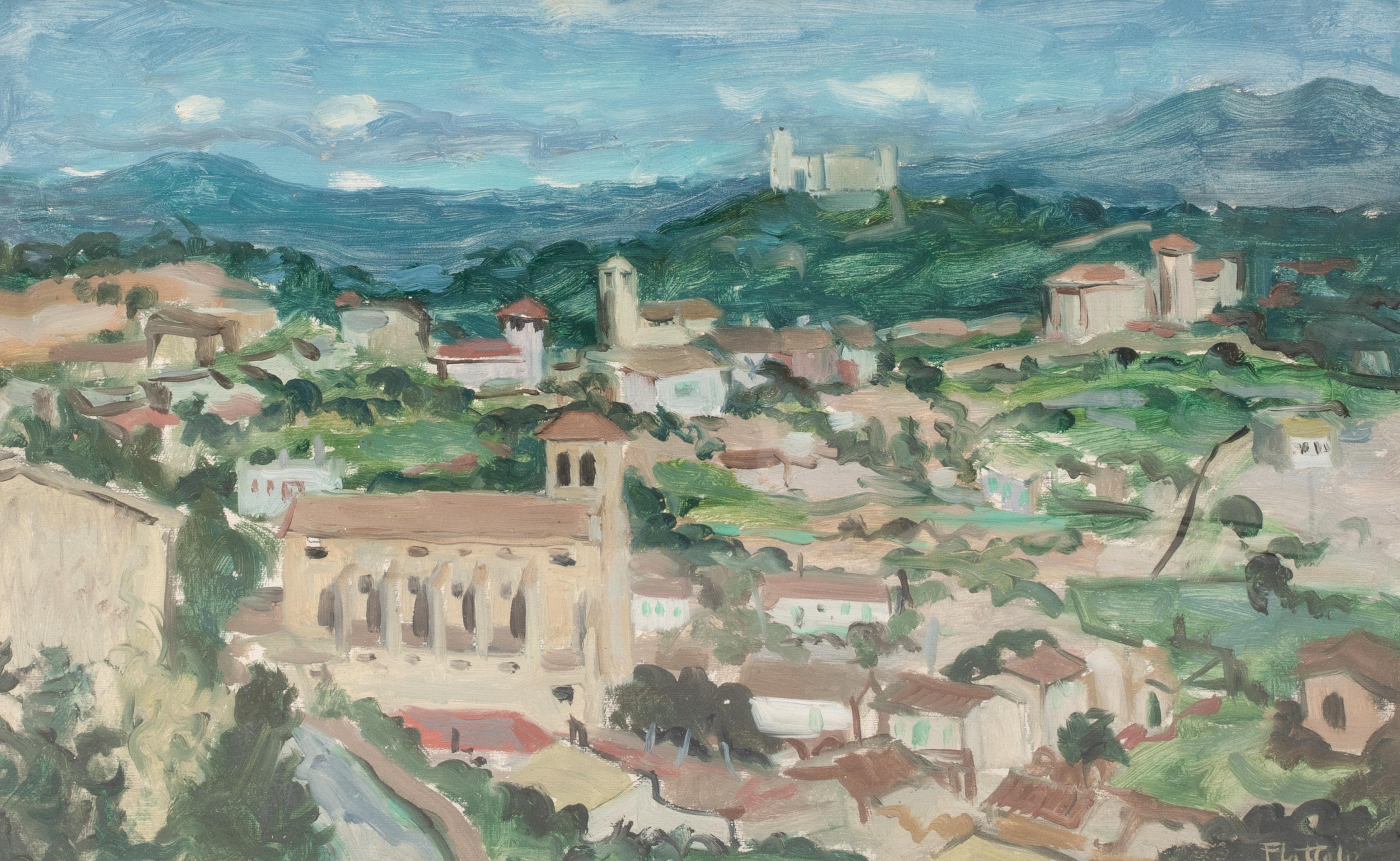 Unknown Landscape Painting – Dorf, Mallorca, um 1950   von ALASTAIR FLATTELY (1922-2006)