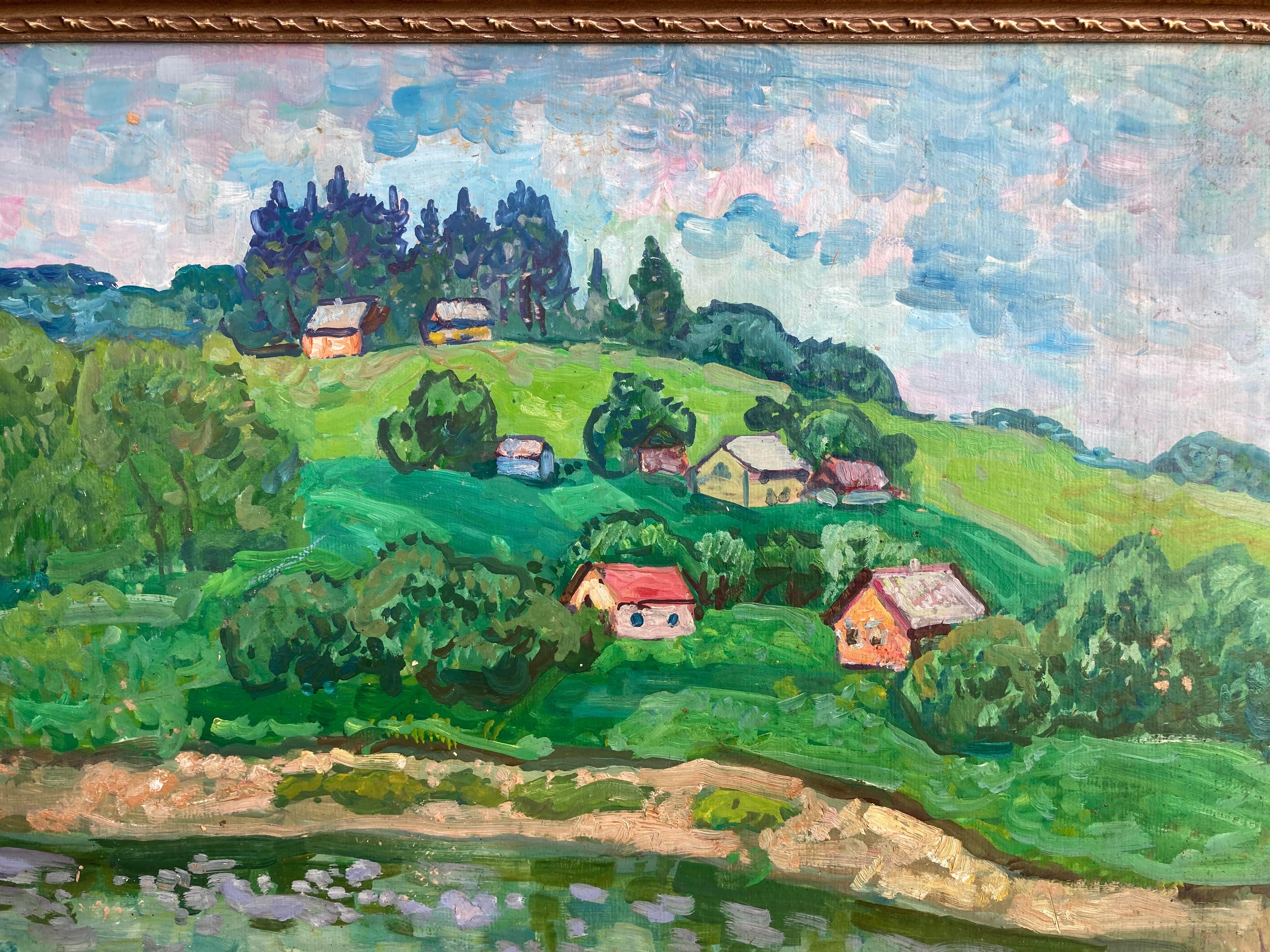 Village on a Hillside (Impressionist Oil Painting, Eastern Europe) - Gray Landscape Painting by Unknown