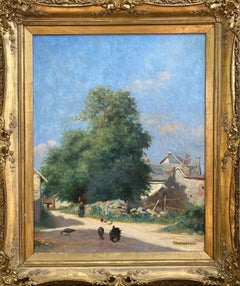"Village Road" - Framed 19th Century French Impressionist Oil Painting