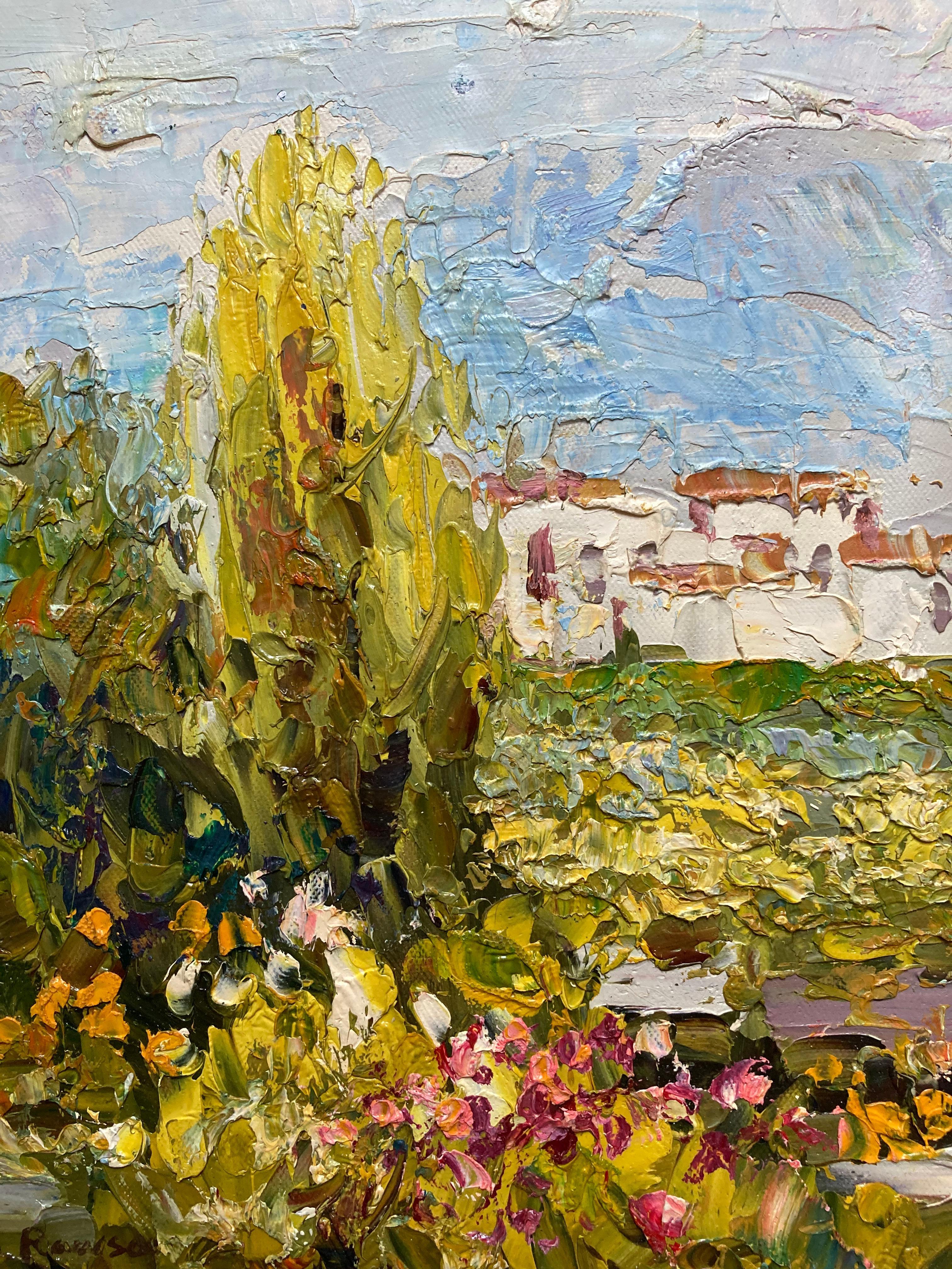 Scène de village encadrée (peinture de paysage impressionniste européenne contemporaine encadrée) - Impressionnisme Painting par Unknown