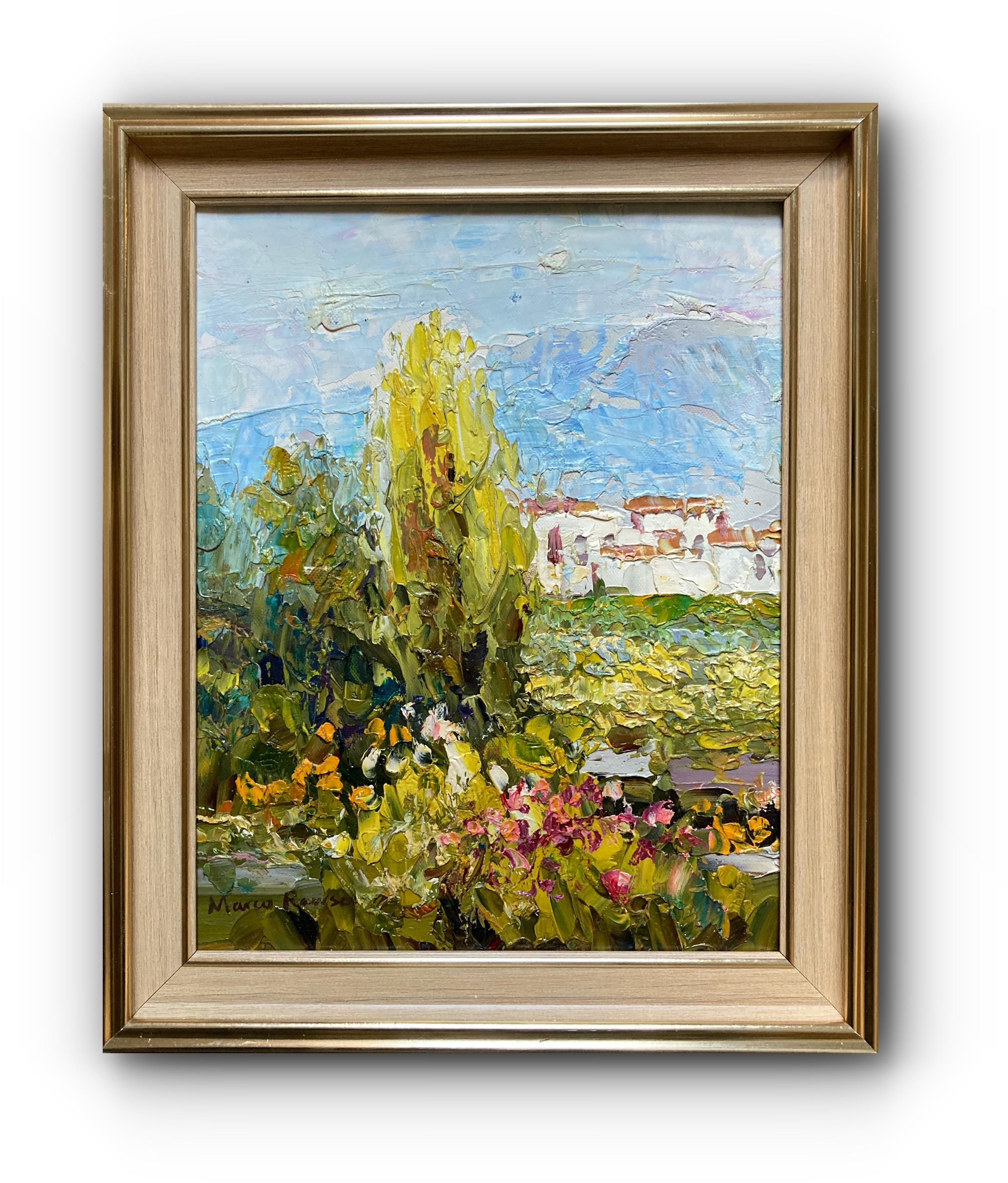 Landscape Painting Unknown - Scène de village encadrée (peinture de paysage impressionniste européenne contemporaine encadrée)