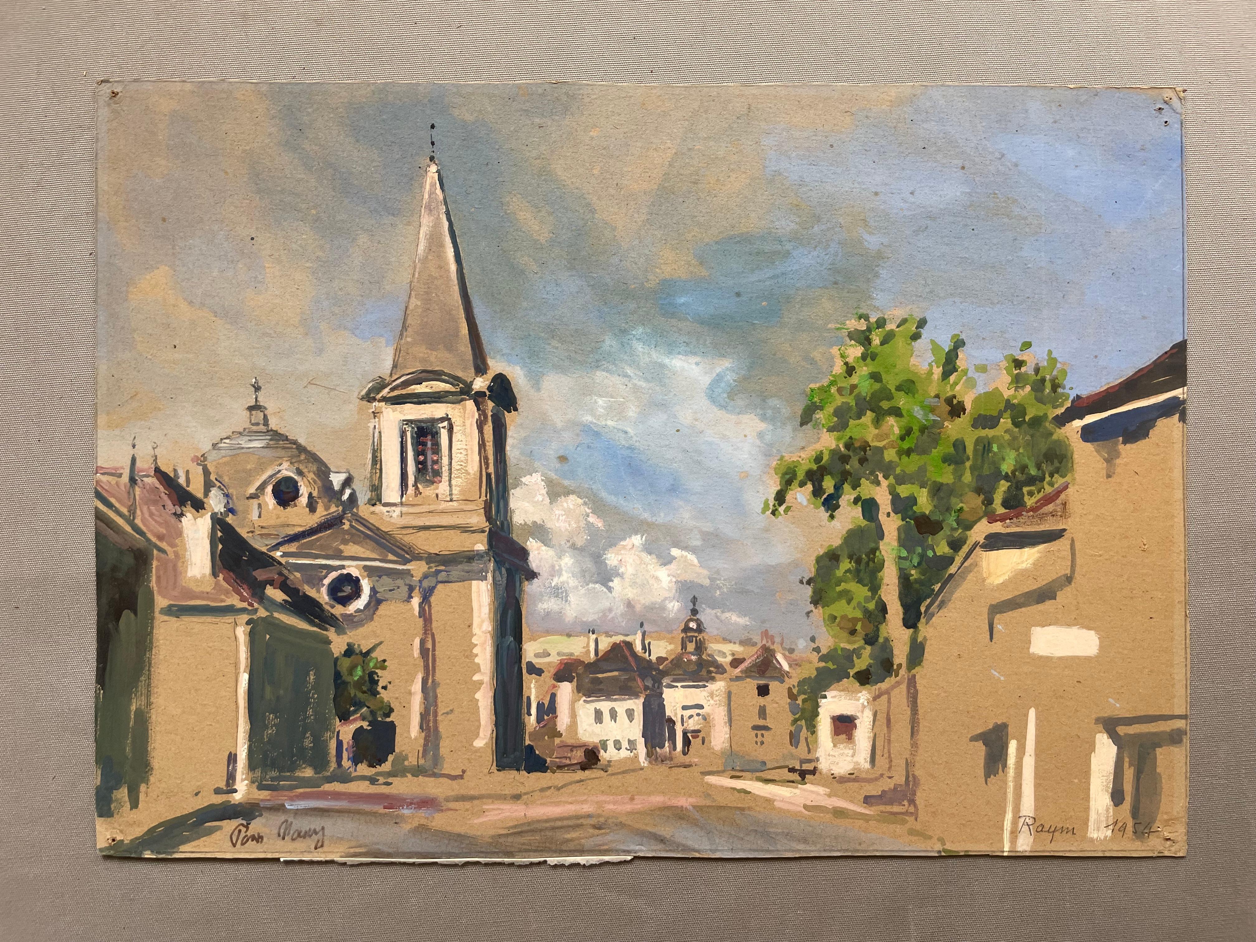 Piazza del villaggio, Gouache firmata e datata 1954 - Painting di Unknown