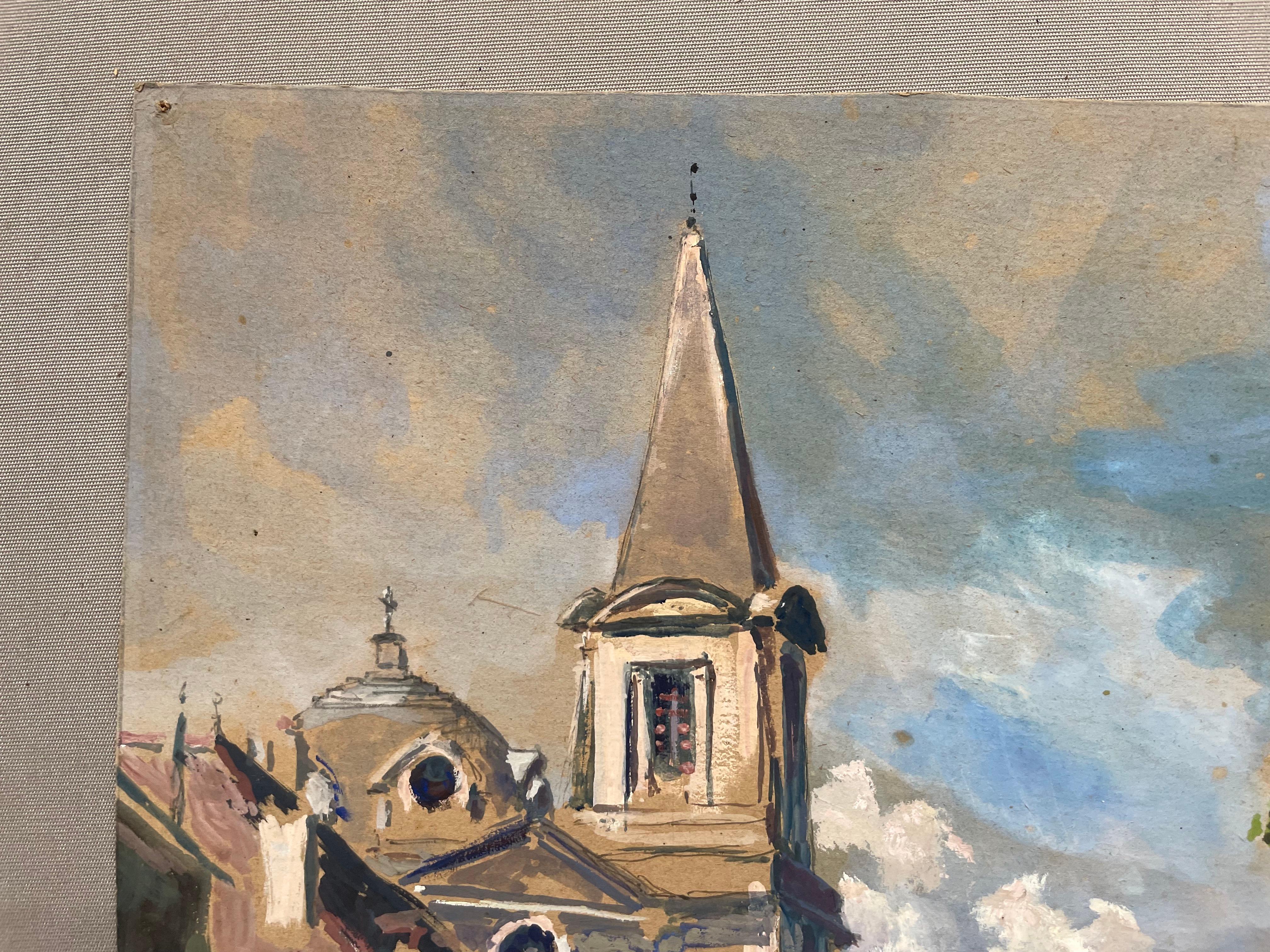 Piazza del villaggio, Gouache firmata e datata 1954 - Landscape Painting Marrone di Unknown