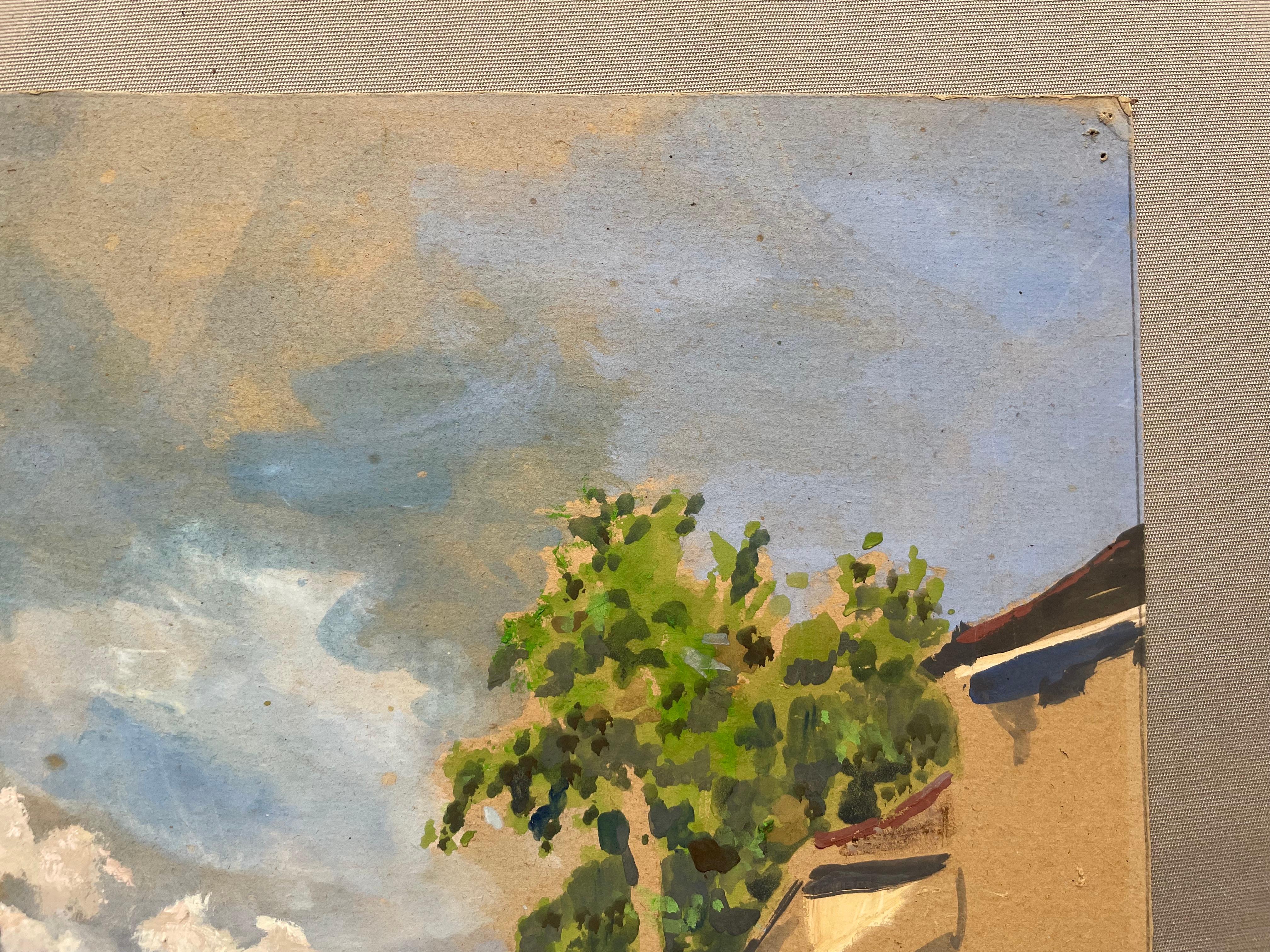 Piazza del villaggio.  
Gouache datata 1954, firma da identificare.  
Su cartone.  
Piccole macchie di foxing.  
35 x 50 cm.