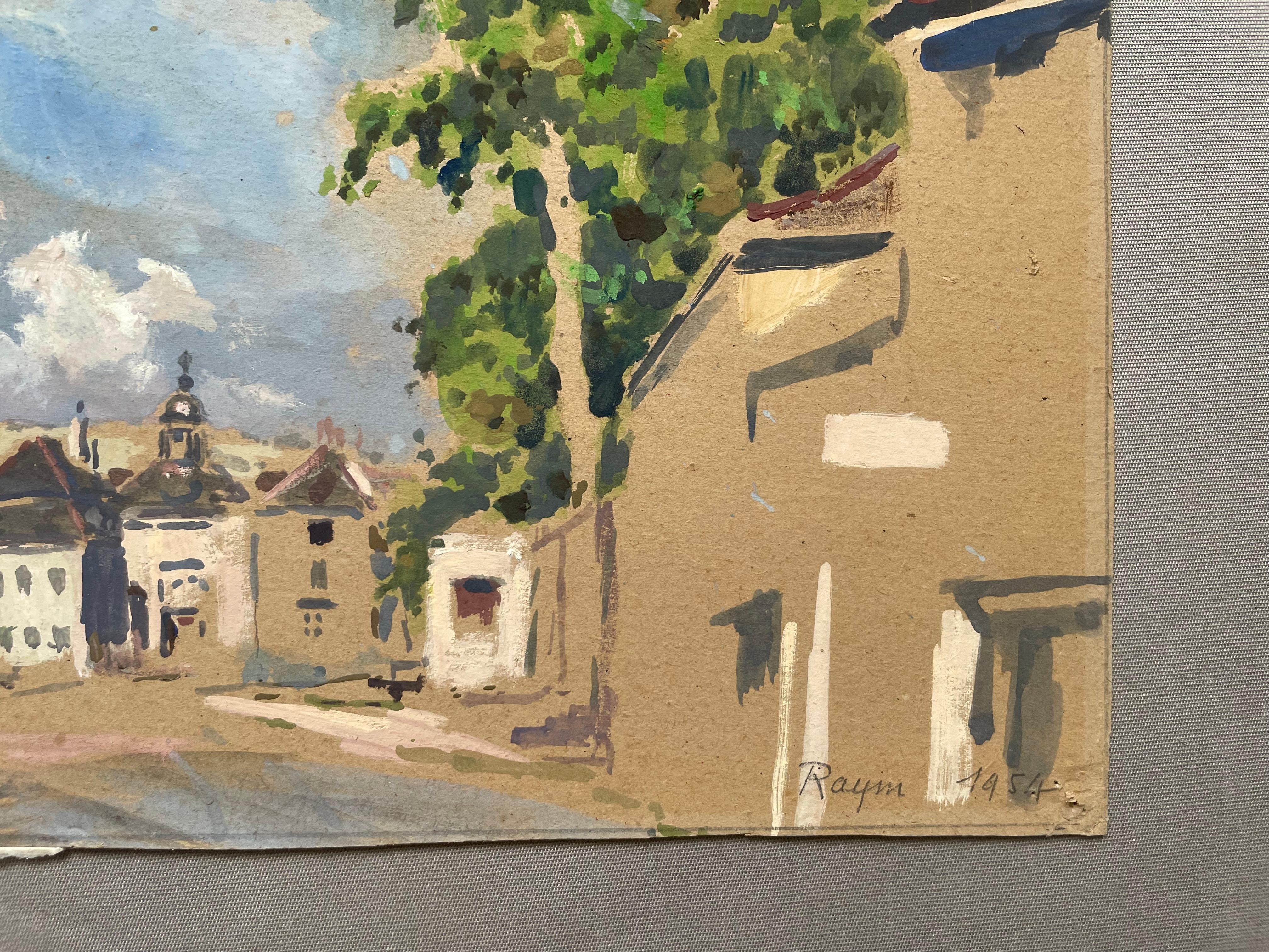 Piazza del villaggio, Gouache firmata e datata 1954 in vendita 1