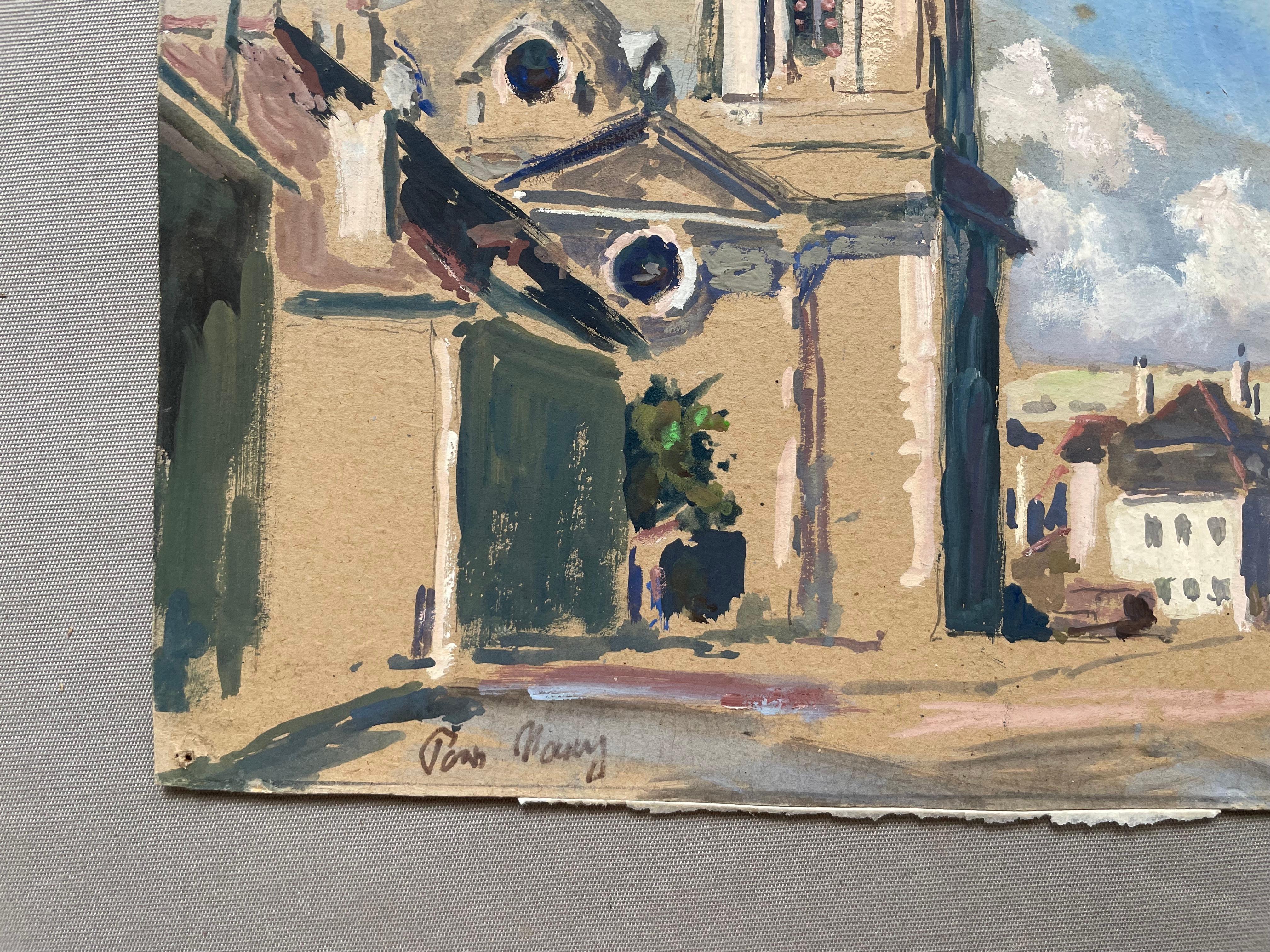 Piazza del villaggio, Gouache firmata e datata 1954 in vendita 2