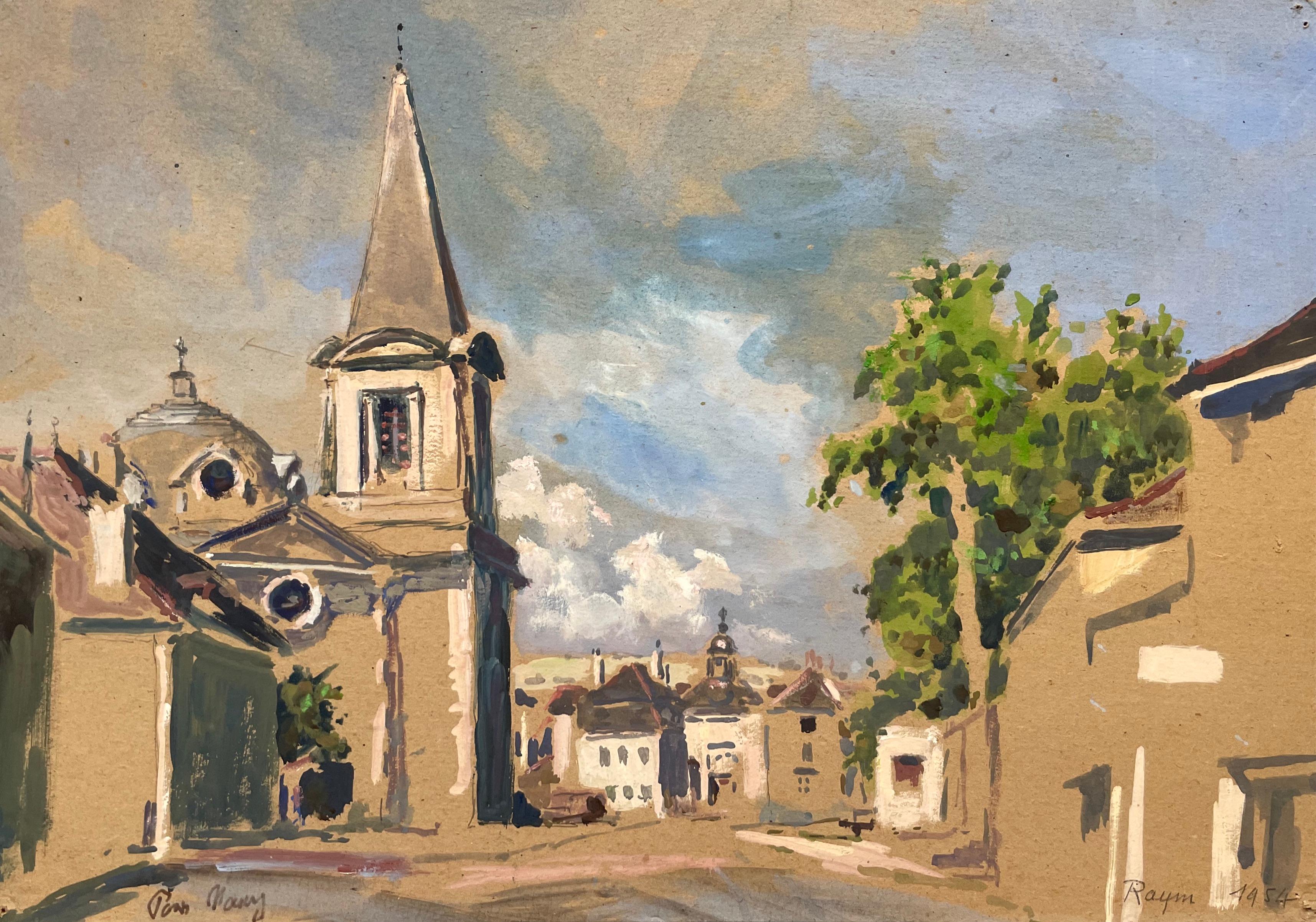 Landscape Painting di Unknown - Piazza del villaggio, Gouache firmata e datata 1954