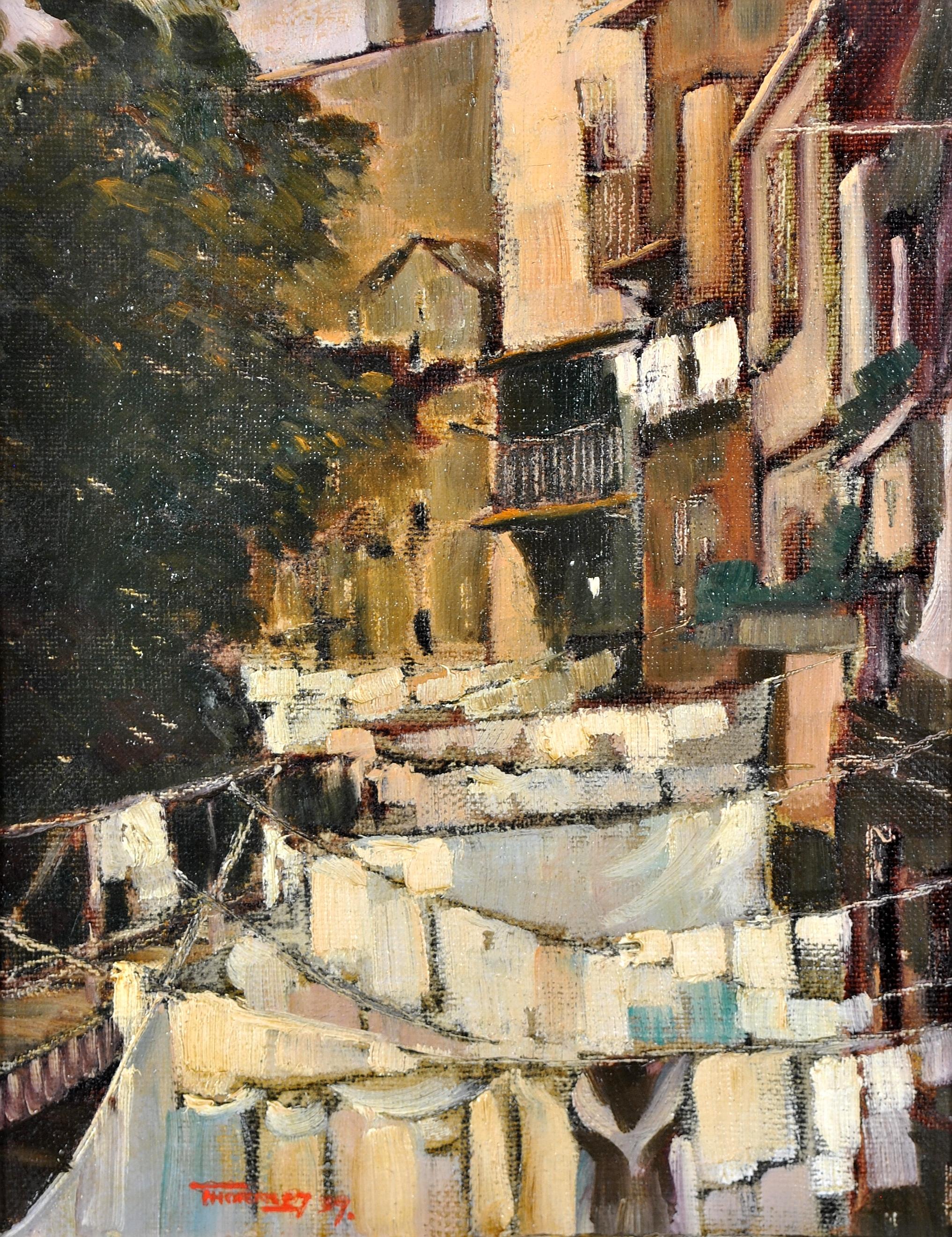 A very unusual early 20th century oil on canvas depicting washing on lines in the French Riviera town of Villefranche, as inscribed on the reverse.

The work is signed and dated 1937 lower right. Presented in a painted frame.

Artist: English