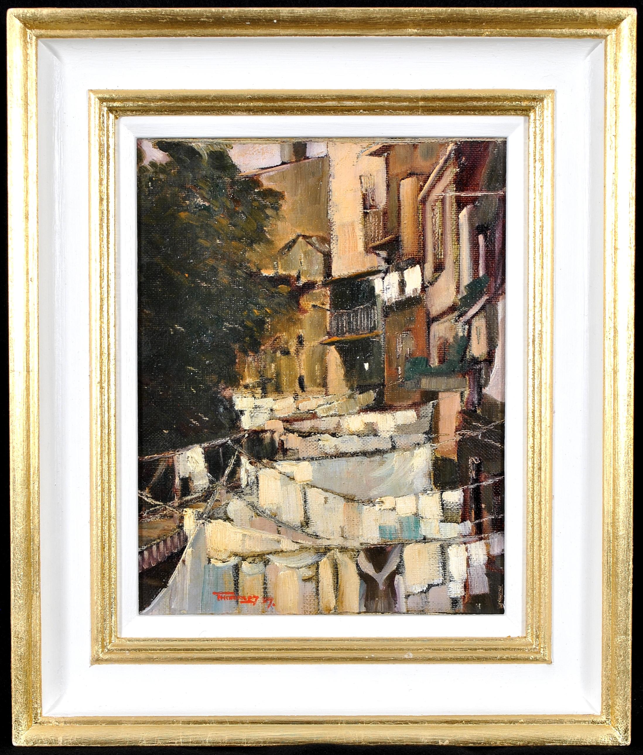 Unknown Landscape Painting - Villefranche - Washing on the Lines French Riviera South of France Oil Painting