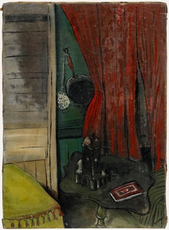 Villon - Mid 20th Century Oil, Interior with Red Curtain
