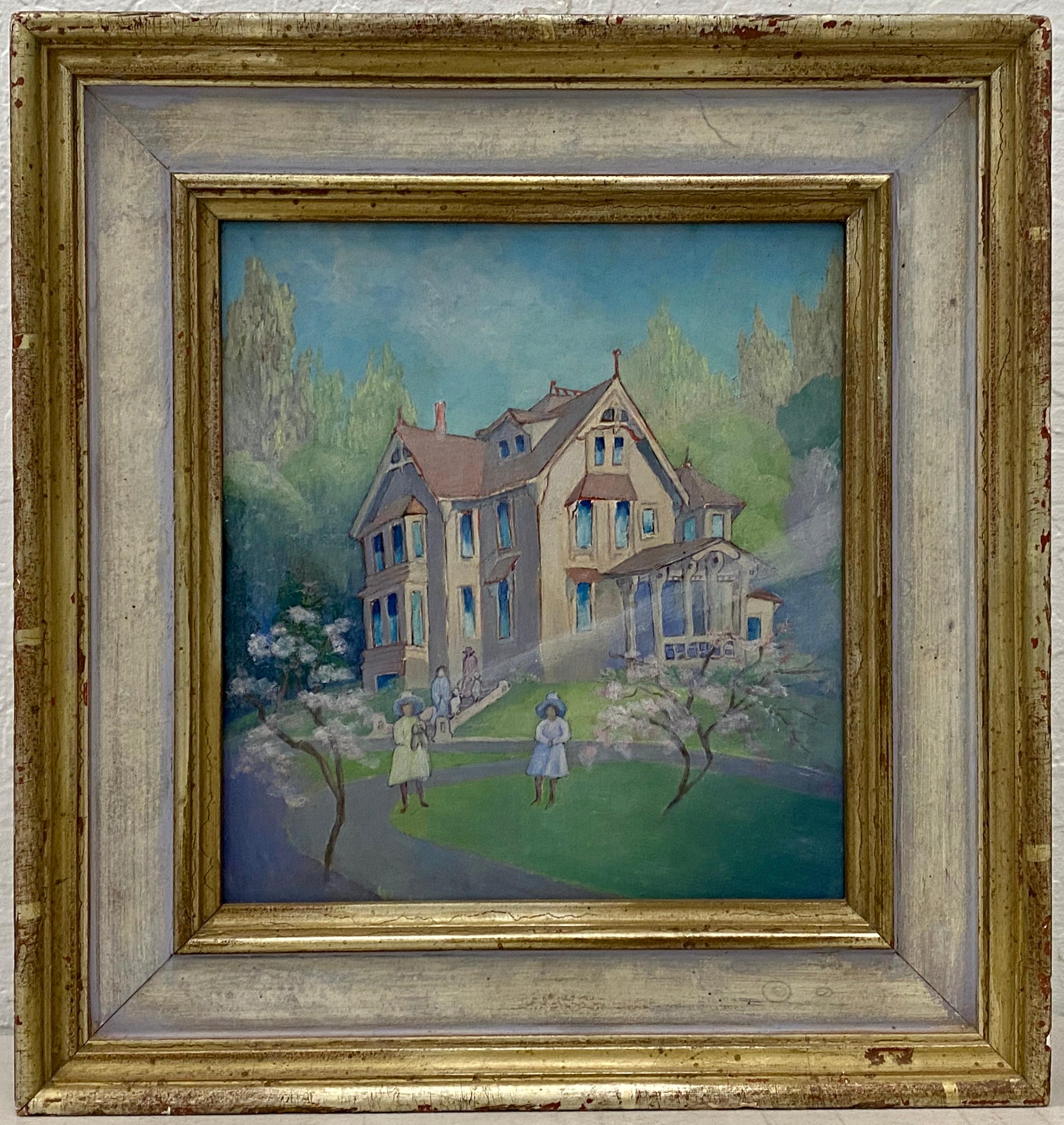 Vintage 1930s Oil Painting of a Family in Front of A Victorian Home 