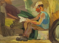 Vintage 1950s Israeli Oil Painting, Signed in Hebrew  Kibbutz Worker Reading