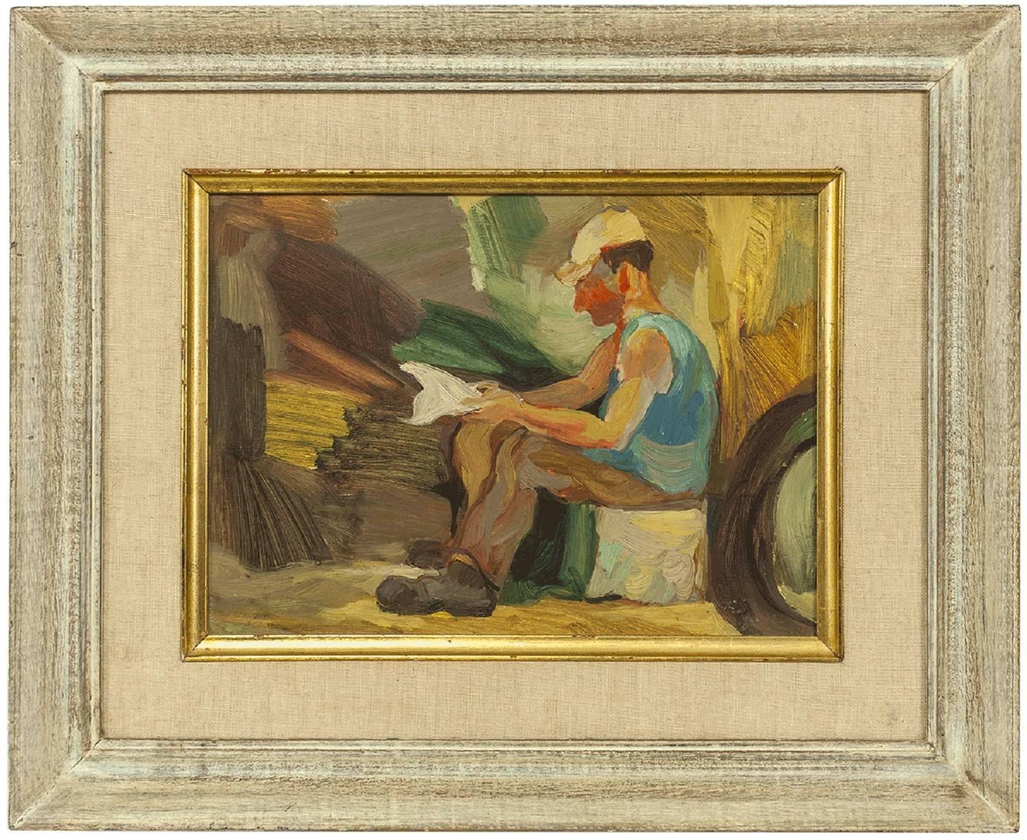 Unknown Figurative Painting - Vintage 1950s Israeli Oil Painting, Signed in Hebrew  Kibbutz Worker Reading