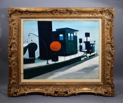 Vintage 1957 Modernist Boat Dock Signed Precisionist Large Signed Oil Painting