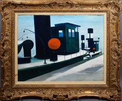 Vintage 1957 Modernist Boat Dock Signed Precisionist Large Signed Oil Painting