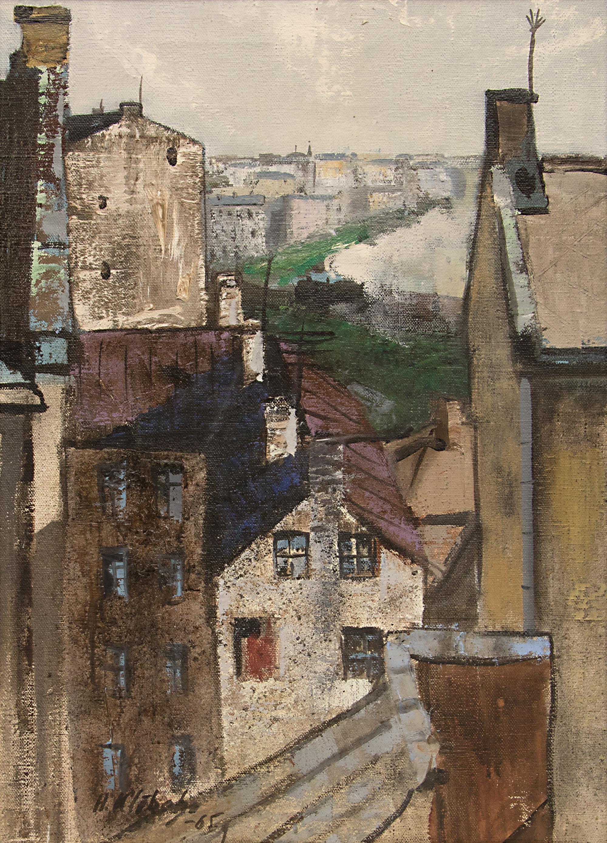 Vintage 1965 European Village Cityscape Oil Painting, Signed, Framed Canvas