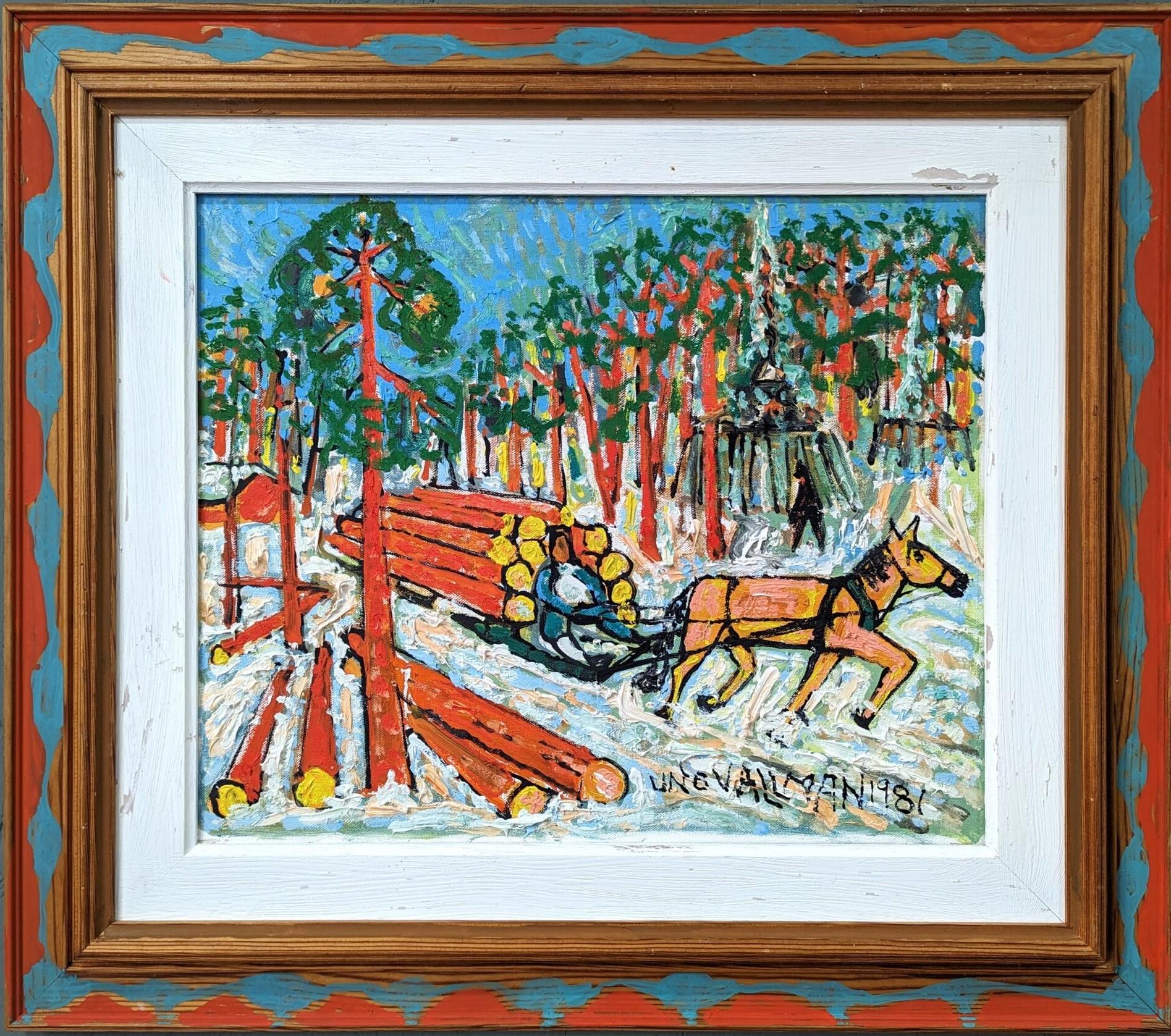 Unknown Landscape Painting - Vintage 1981 Swedish Framed Winter Oil Painting, Uno Vallman - The Sleigh