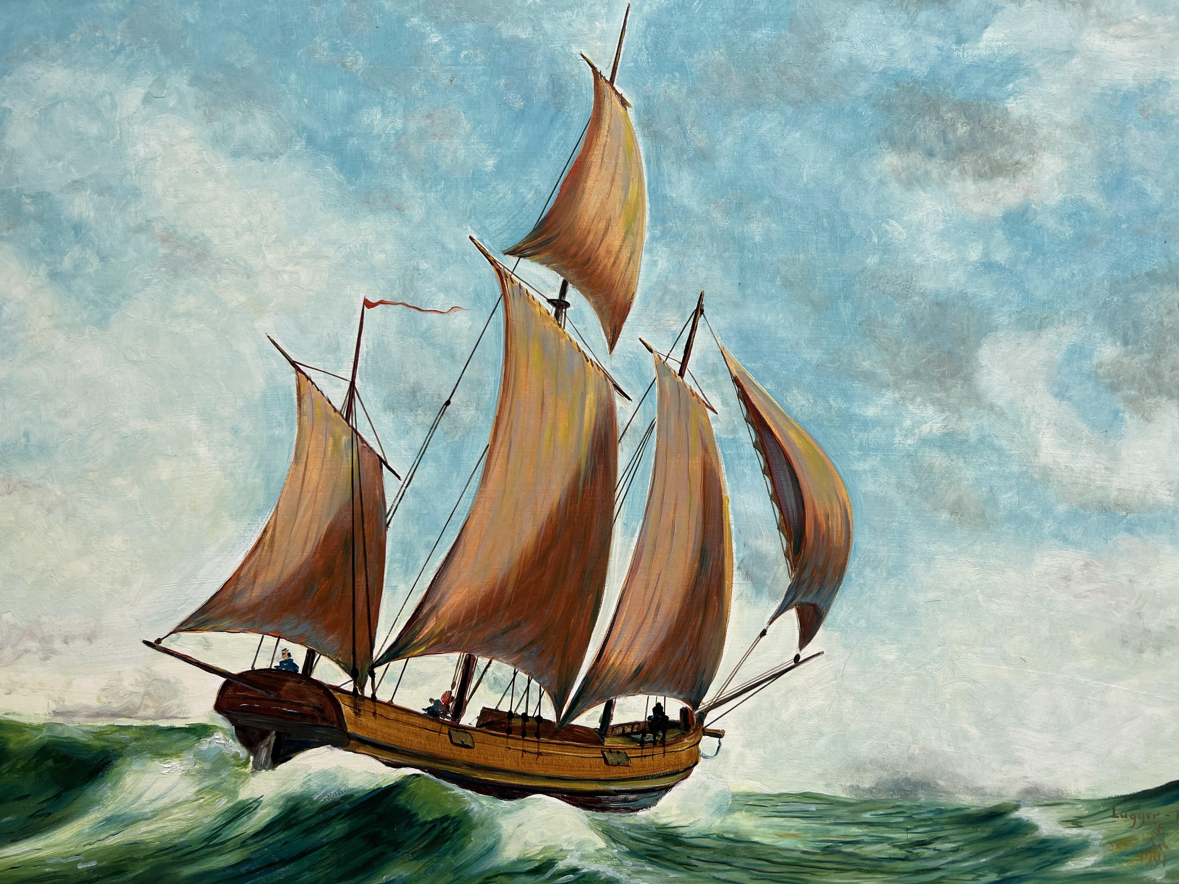 Vintage 1991 Ölgemälde auf Karton, Meereslandschaft, Lugger 1709, signiert, gerahmt, Vintage – Painting von Unknown