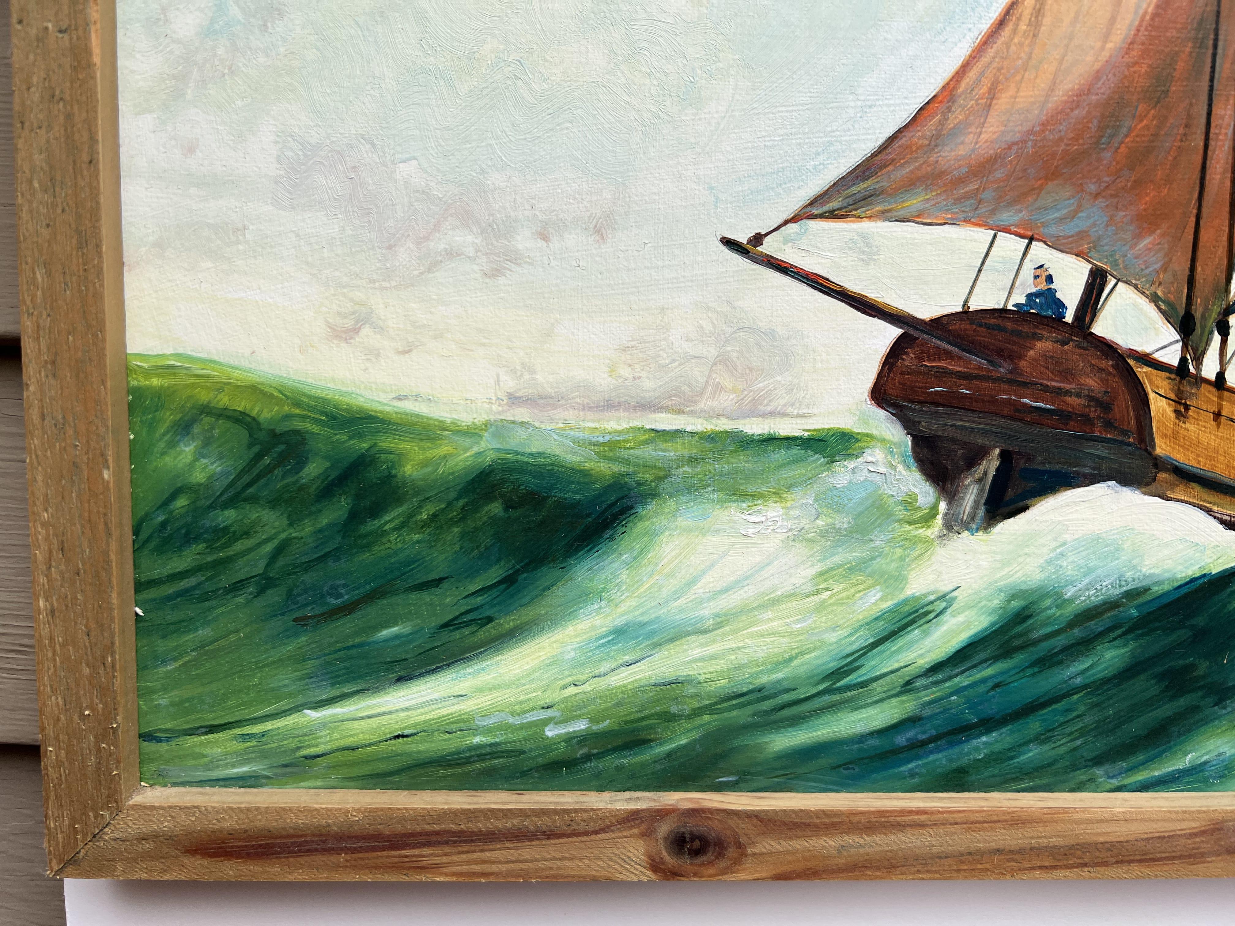 Vintage 1991 Ölgemälde auf Karton, Meereslandschaft, Lugger 1709, signiert, gerahmt, Vintage (Impressionismus), Painting, von Unknown