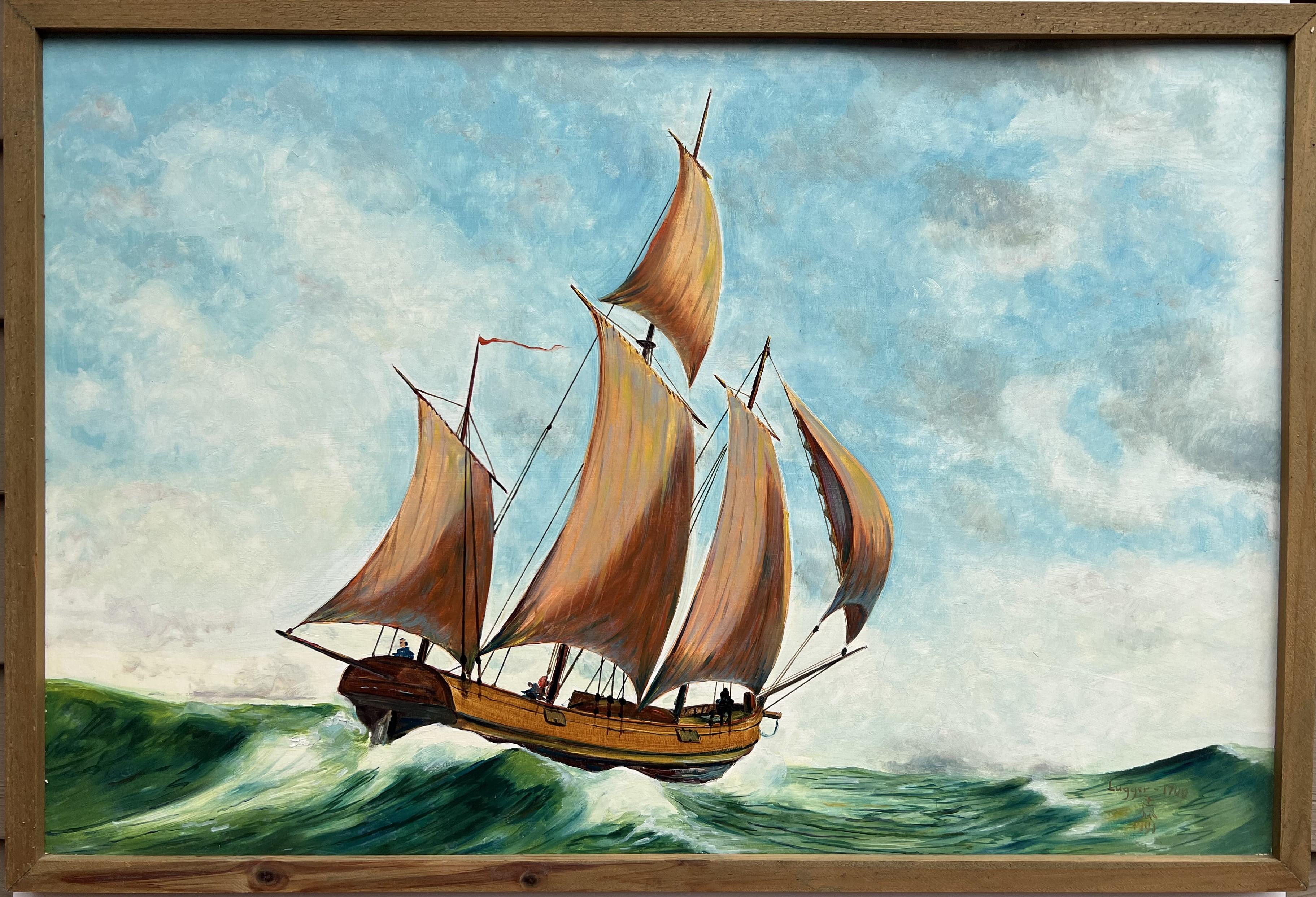 Vintage 1991 Ölgemälde auf Karton, Meereslandschaft, Lugger 1709, signiert, gerahmt, Vintage