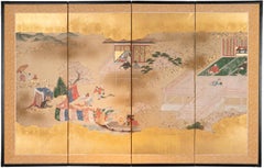 'Antique 4-Panel Japanese Tosa School Screen - Noh Dance on Stage, ' Unknown