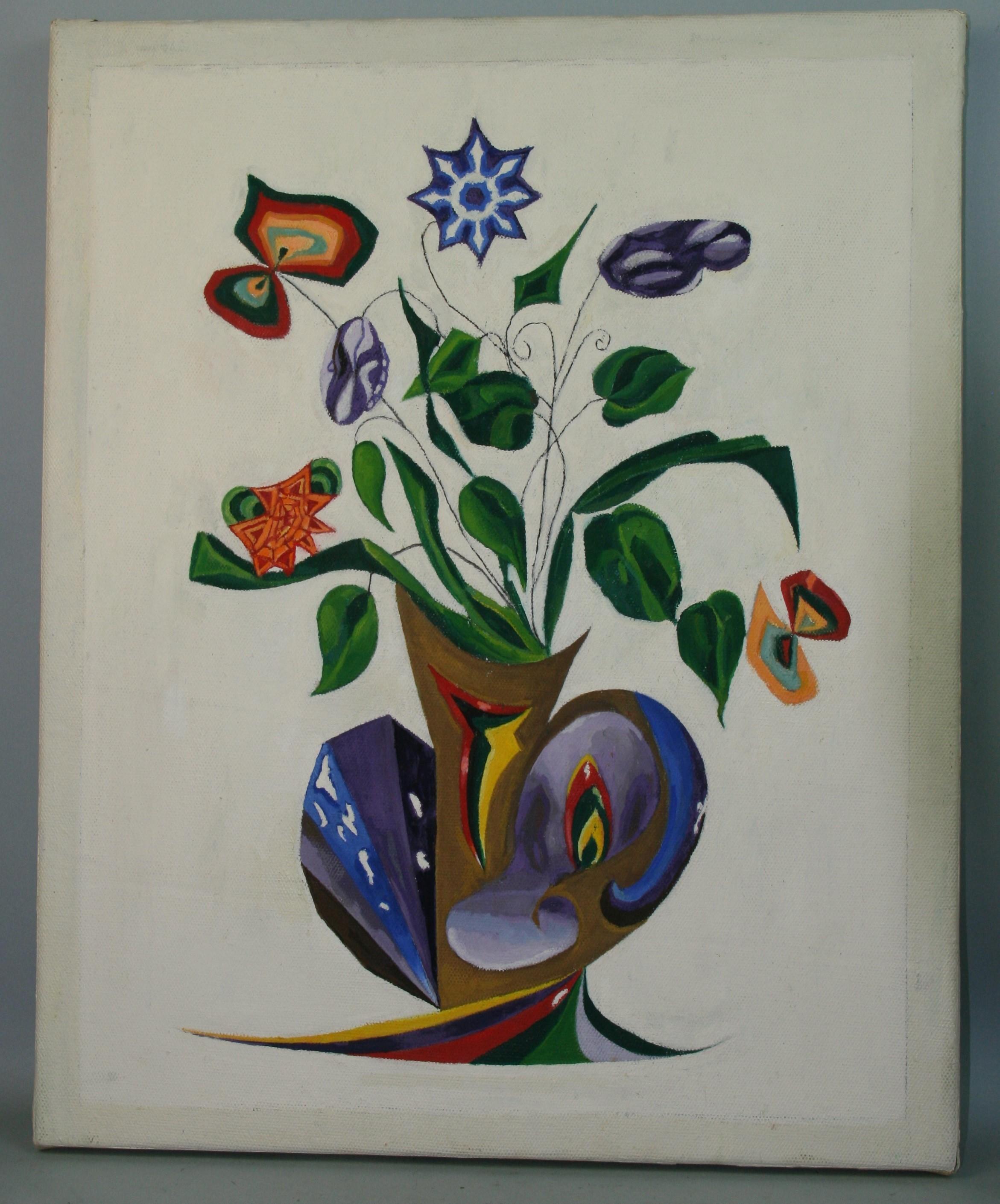 Vintage Abstract Bouquet of Flowers, Acrylic on Canvas, Signed, 1960s