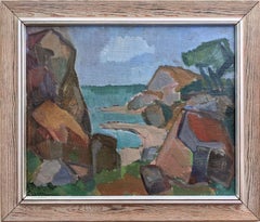 Vintage Abstract Framed Coastal Landscape Oil Painting - Coastal Rocks