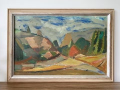 Vintage Abstract Swedish Framed Landscape Oil Painting -Mountain Trail