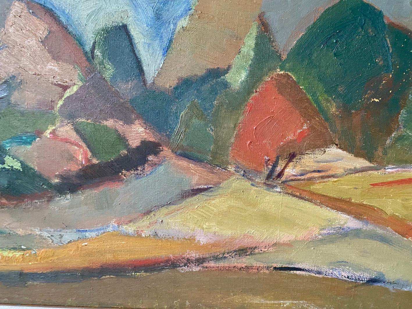 MOUNTAIN TRAIL
Size: 51 x 74 cm (including frame)
Oil on Canvas

A brilliantly executed and emotive modernist style oil painting, presenting a mountainous landscape with trees.

Executed in a semi-abstract manner, the artist has simplified forms