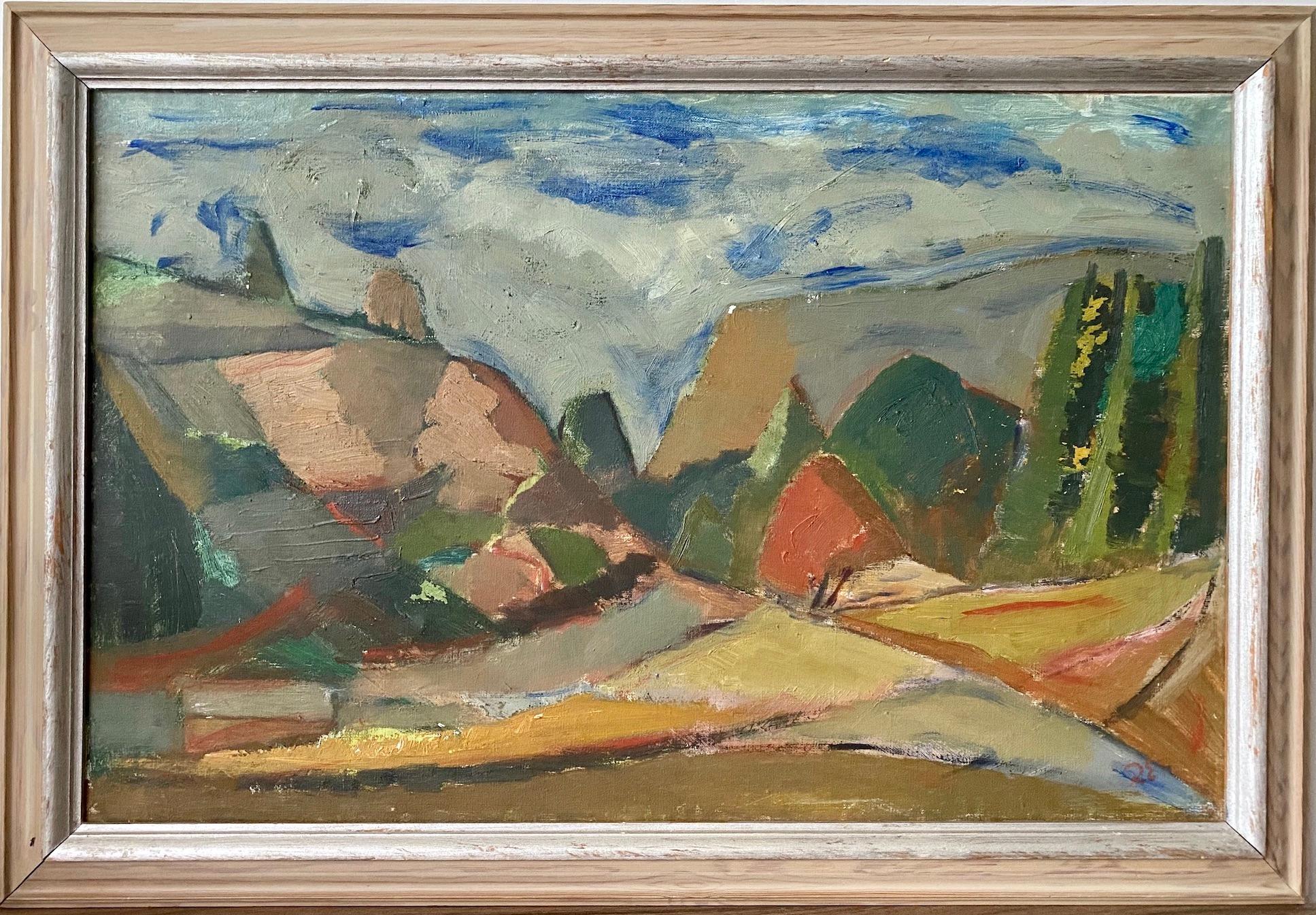 Vintage Abstract Swedish Framed Landscape Oil Painting -Mountain Trail