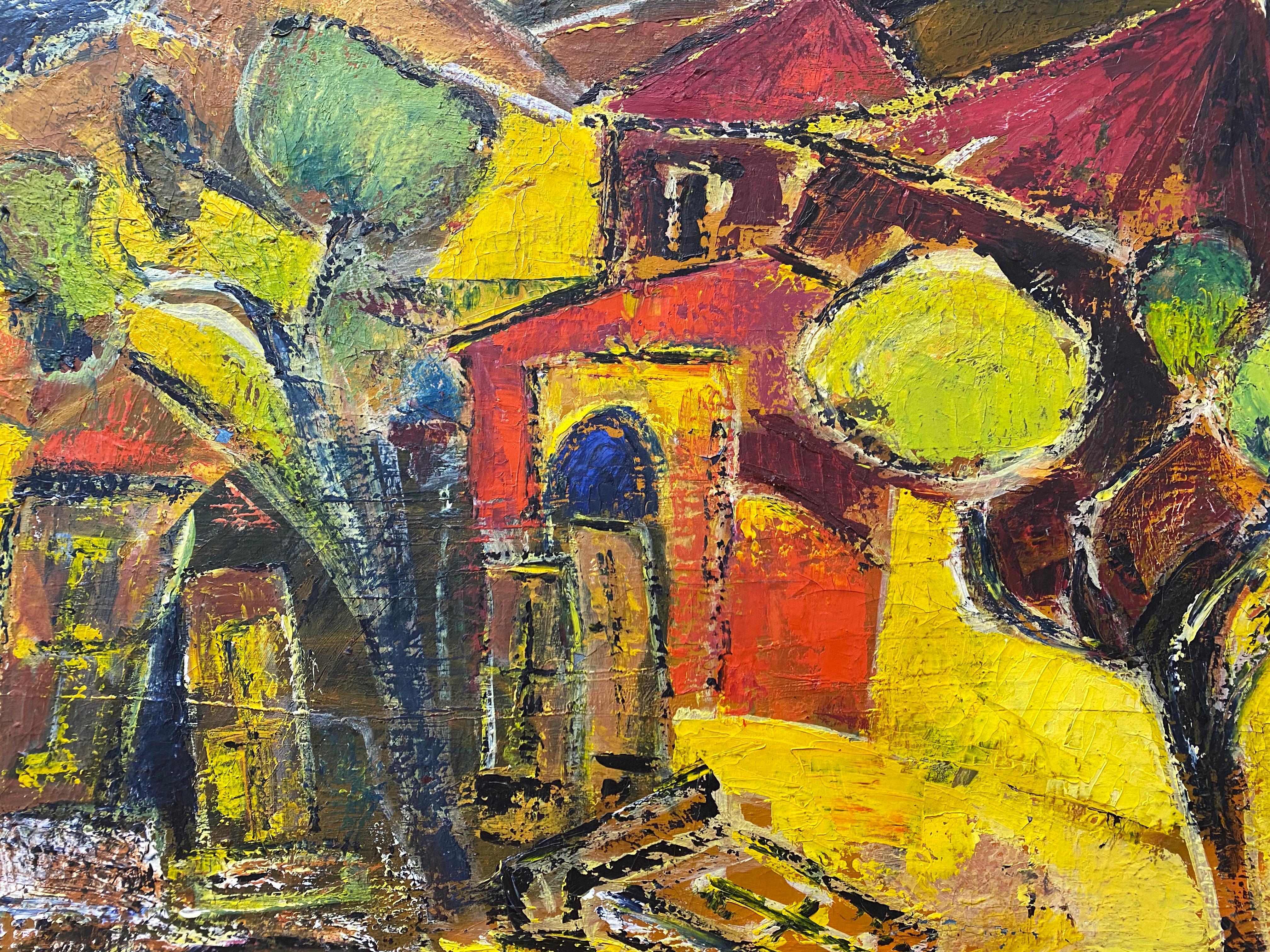 Vintage Abstract Village Scene Oil Painting 20th Century 2