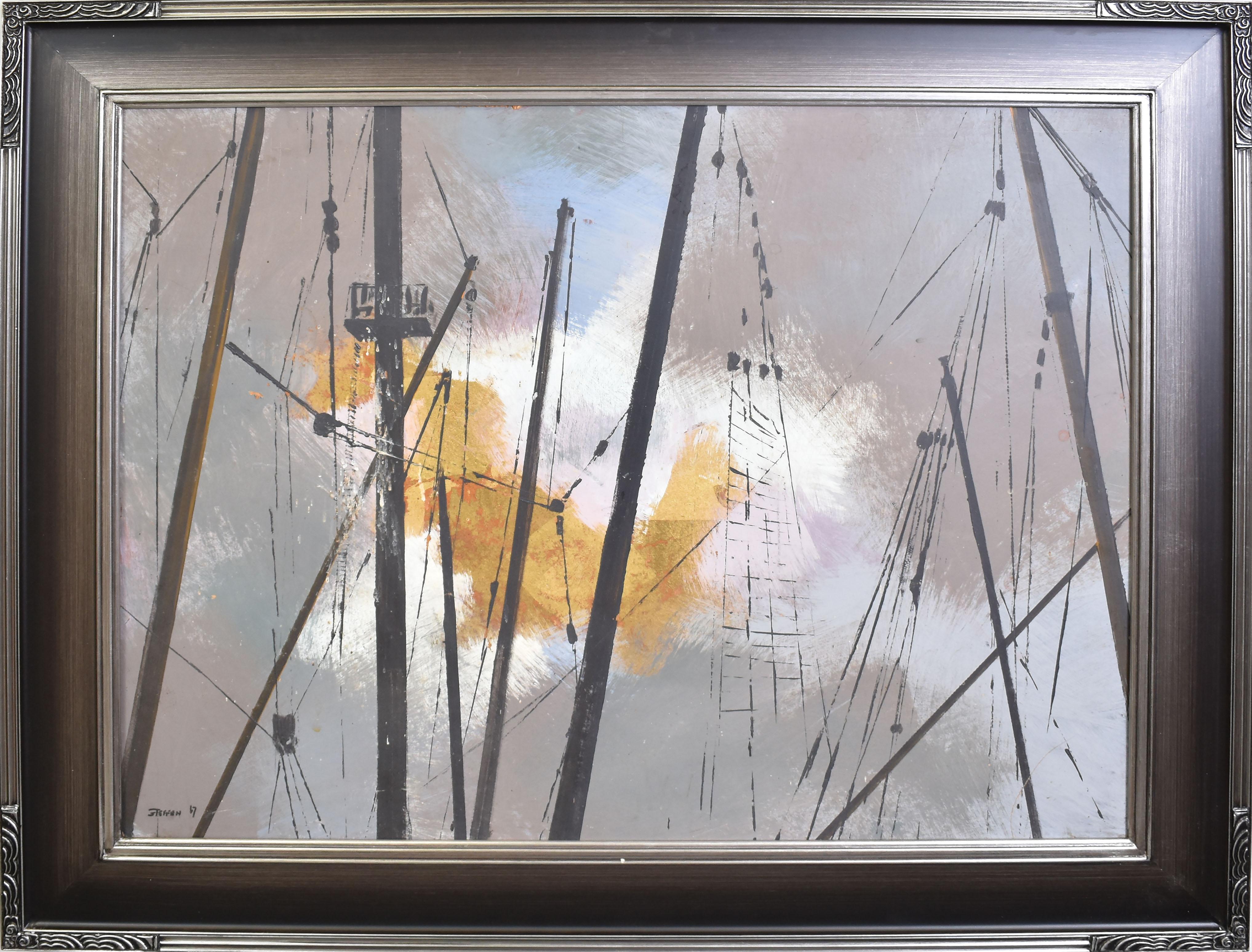 Vintage Abstracted Sky Study Oil Painting with Ship Masts by Steffen 1967 (Grau), Abstract Painting, von Unknown