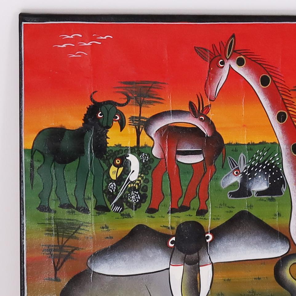 Pintura de arte popular africano vintage sobre lienzo de animales - Painting Arte popular de Unknown