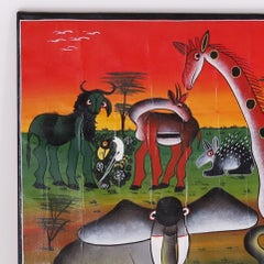 Vintage African Folk Art Painting on Canvas of Animals